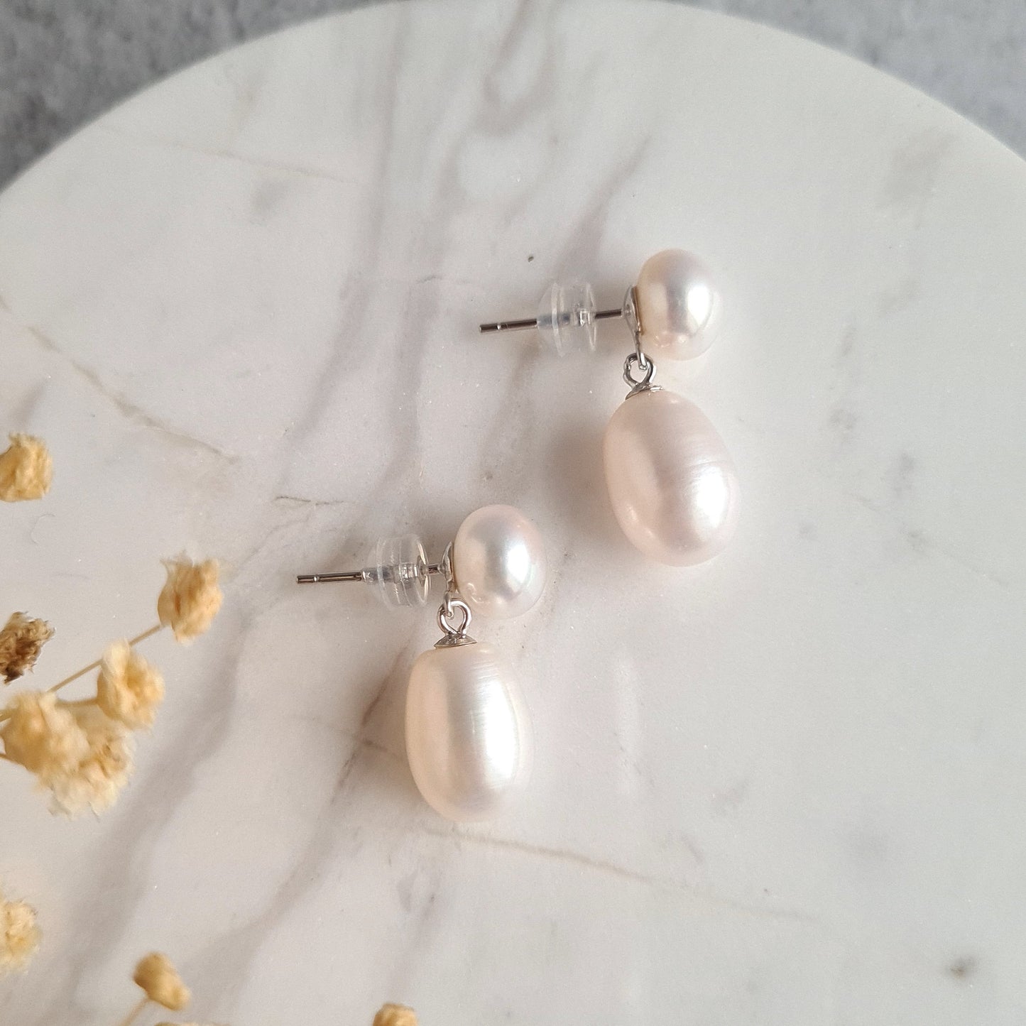Double Fresh Water Pearl Ear Post - Silver