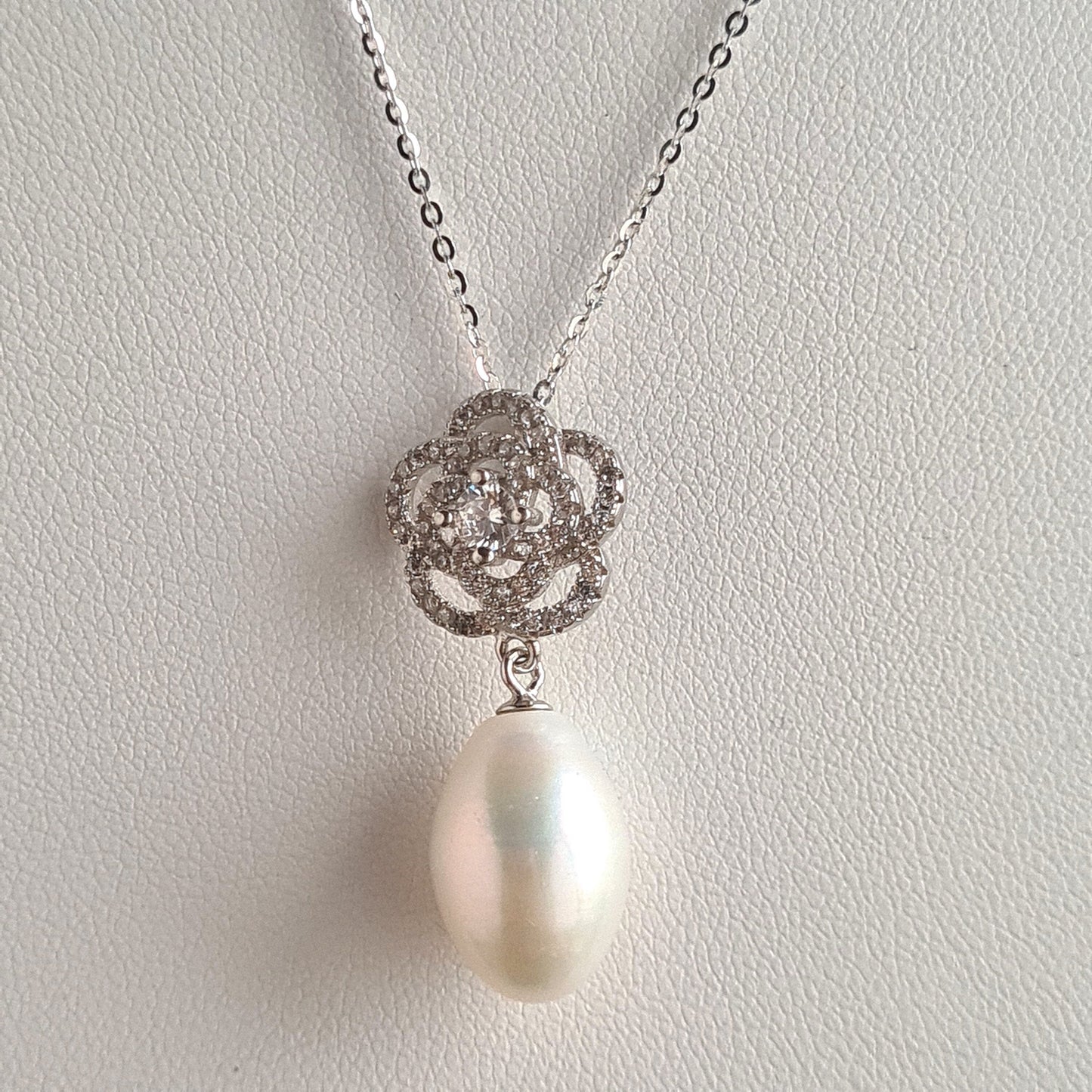 AAA Quality Oval Fresh Water Pearl with Rose design Sterling Silver Stud with Cubic Zirconia Crystal Earrings