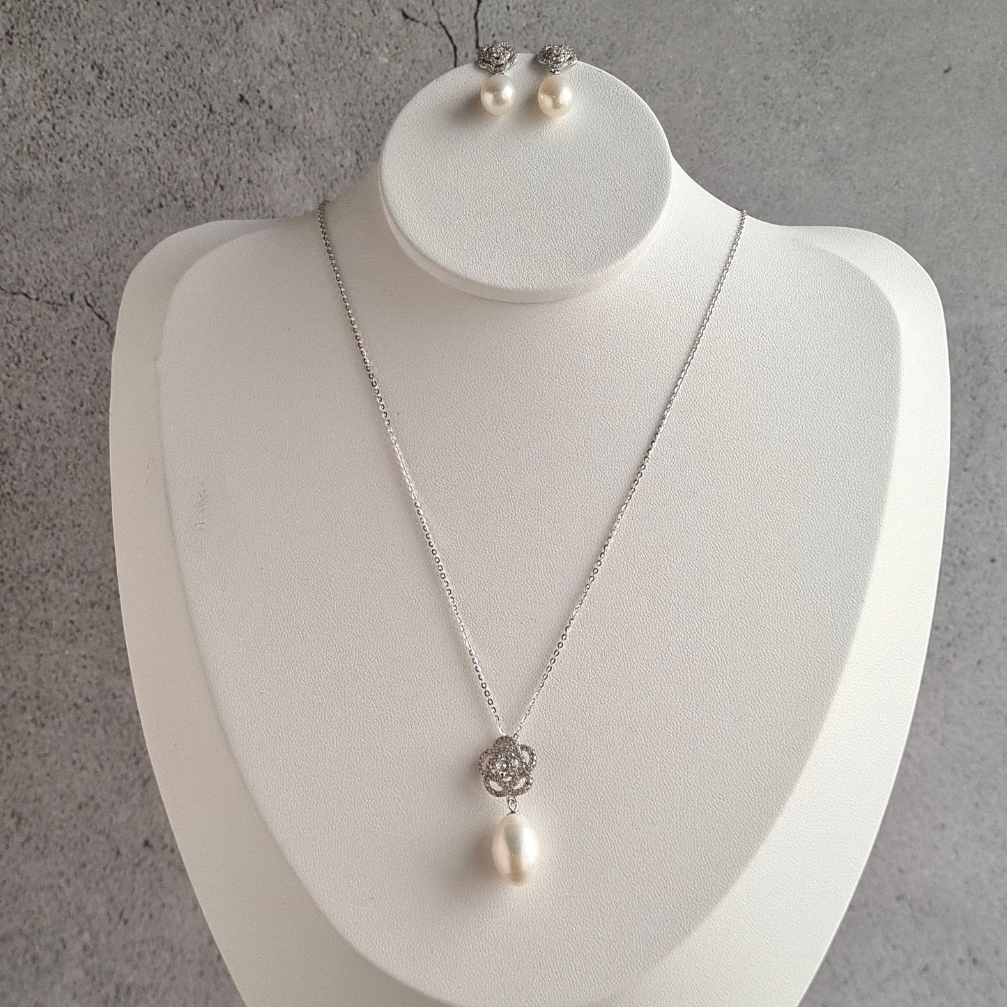 AAA Quality Oval Fresh Water Pearl with Rose design Sterling Silver Stud with Cubic Zirconia Crystal Earrings