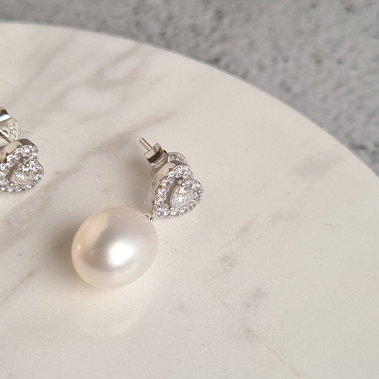 Oval Fresh Water Pearl on Sterling Silver Heart Stud