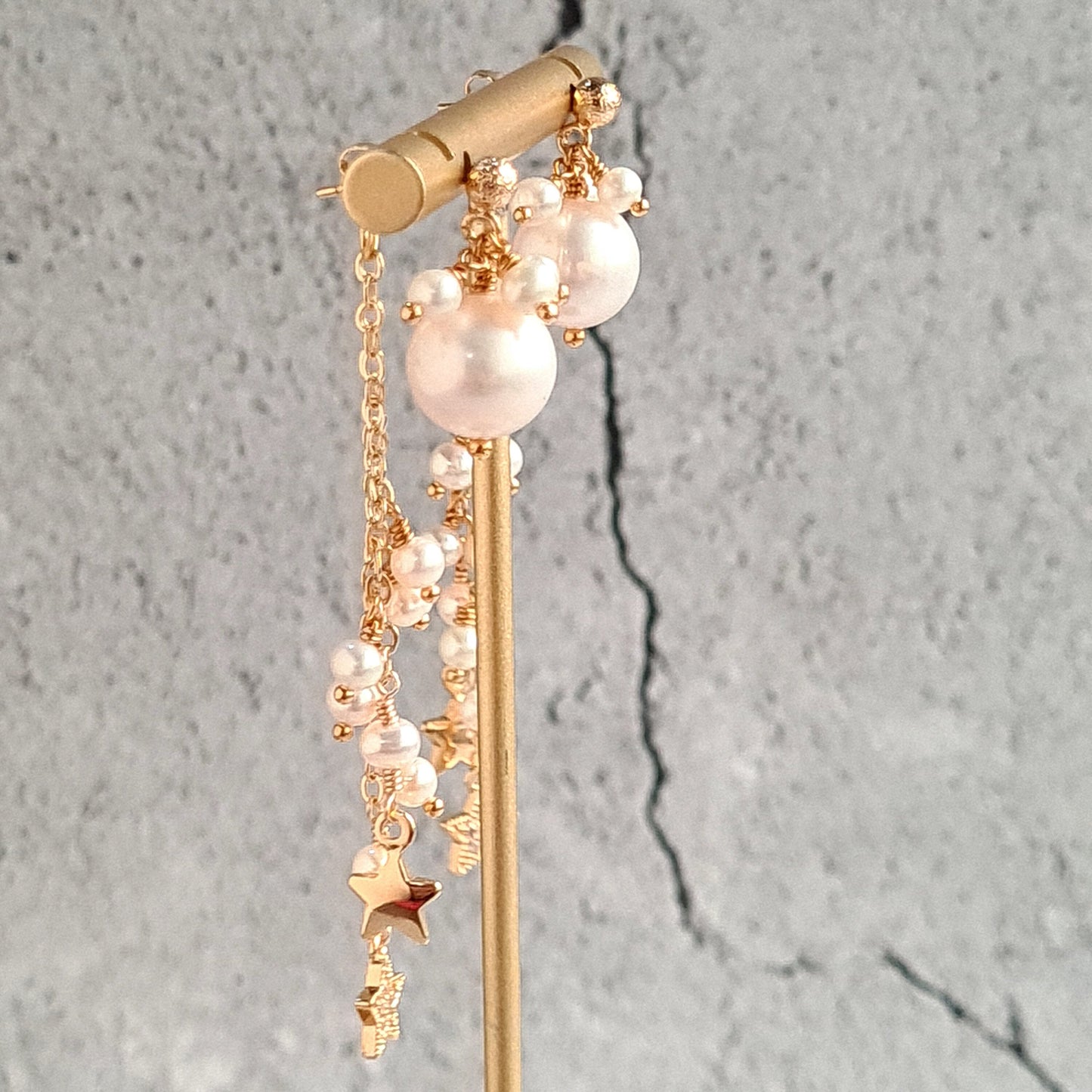Fresh Water Pearl Cluster Earring with Embellished Trail of Pearl and Star Charm