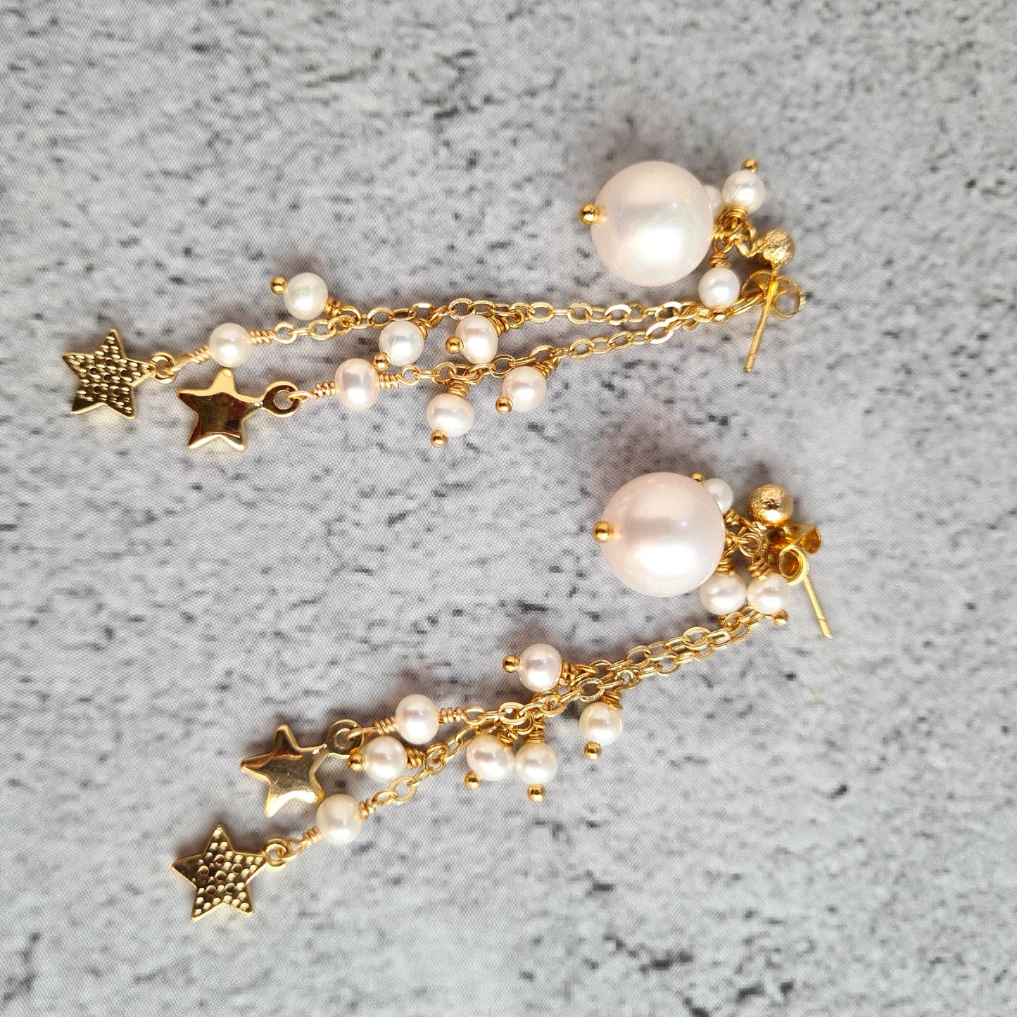 Fresh Water Pearl Cluster Earring with Embellished Trail of Pearl and Star Charm