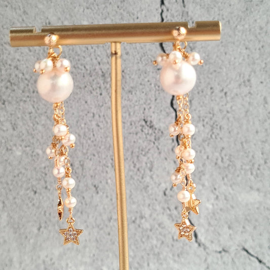 Fresh Water Pearl Cluster Earring with Embellished Trail of Pearl and Star Charm