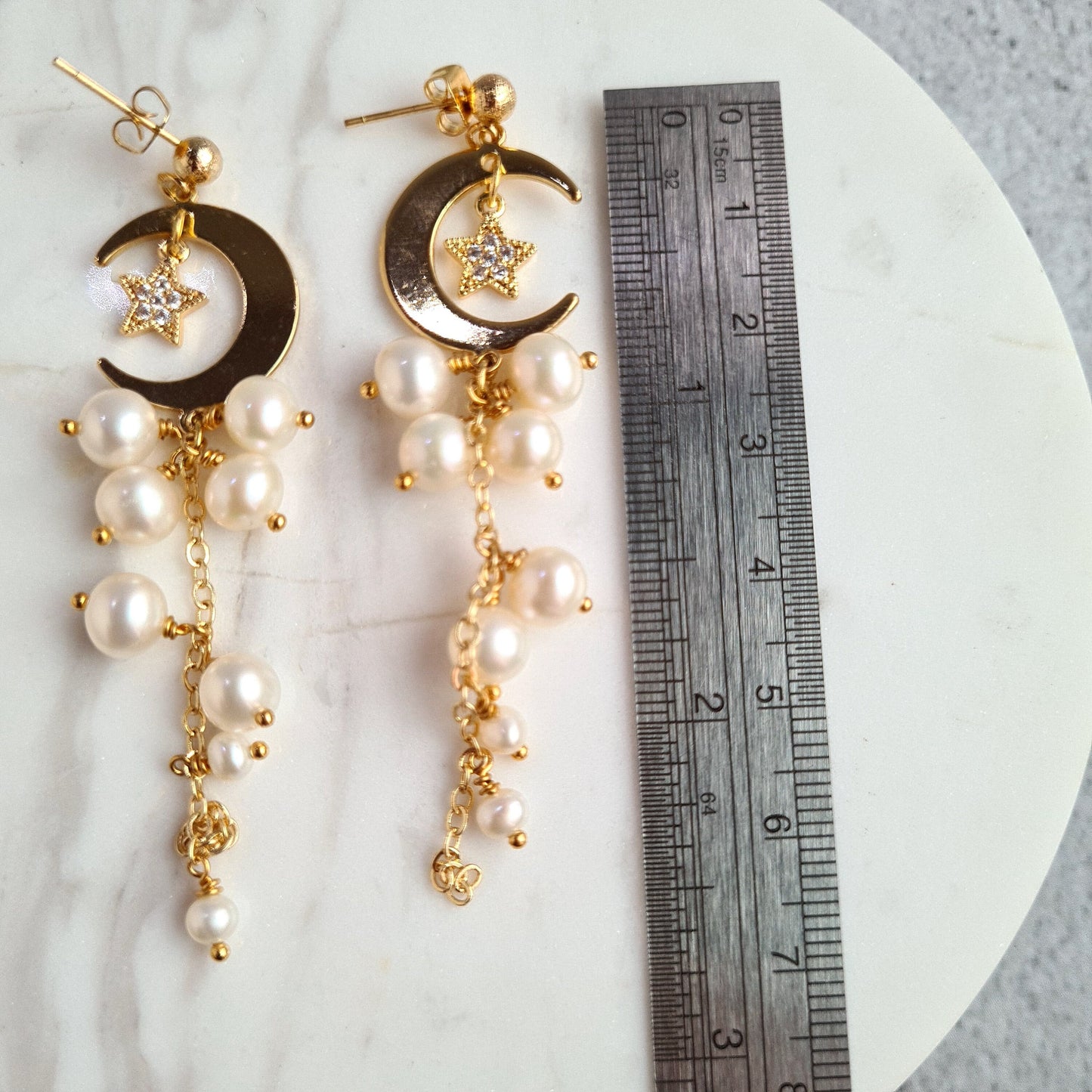 Fresh Water Pearl Cluster Earring with Half Crescent & Star Charm