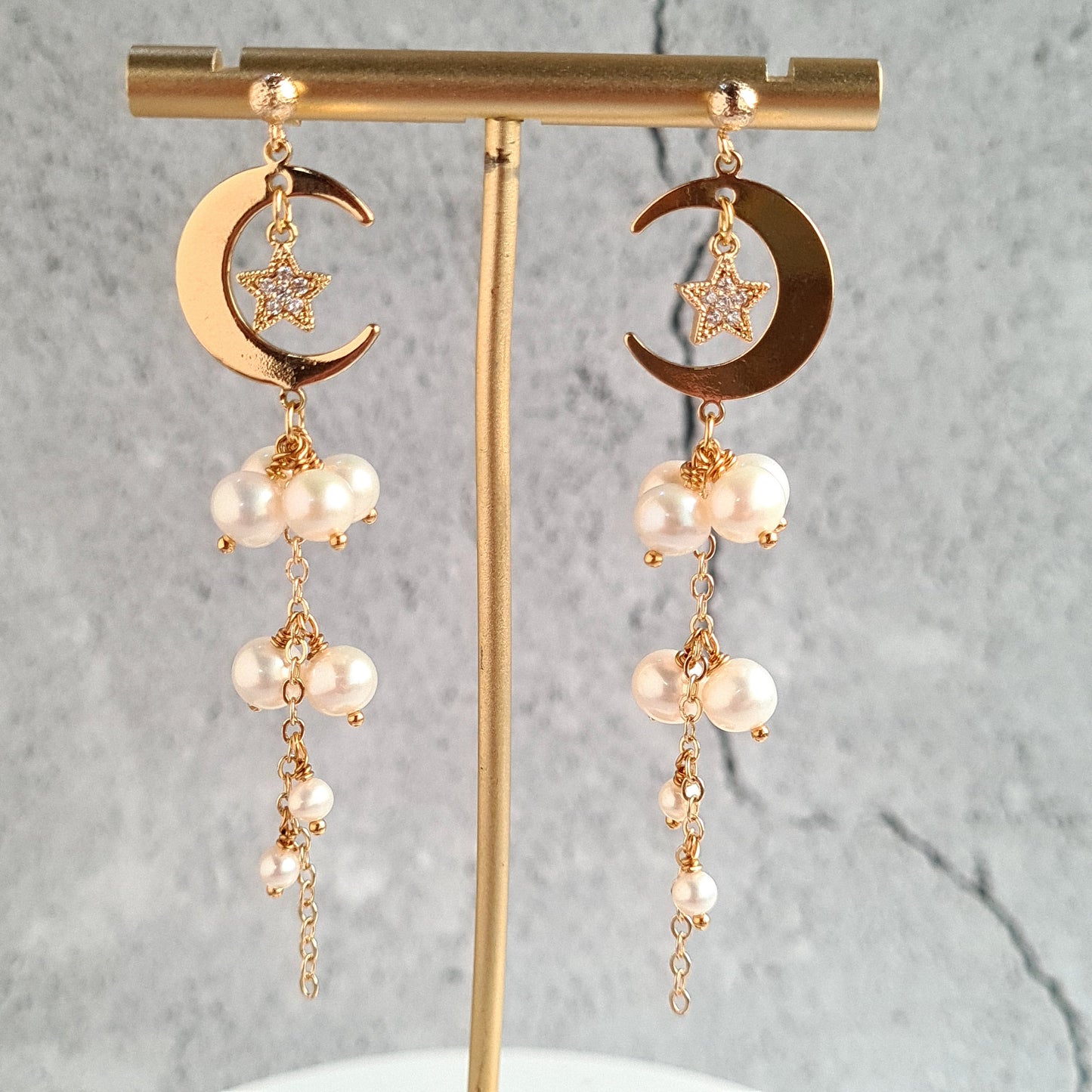 Fresh Water Pearl Cluster Earring with Half Crescent & Star Charm