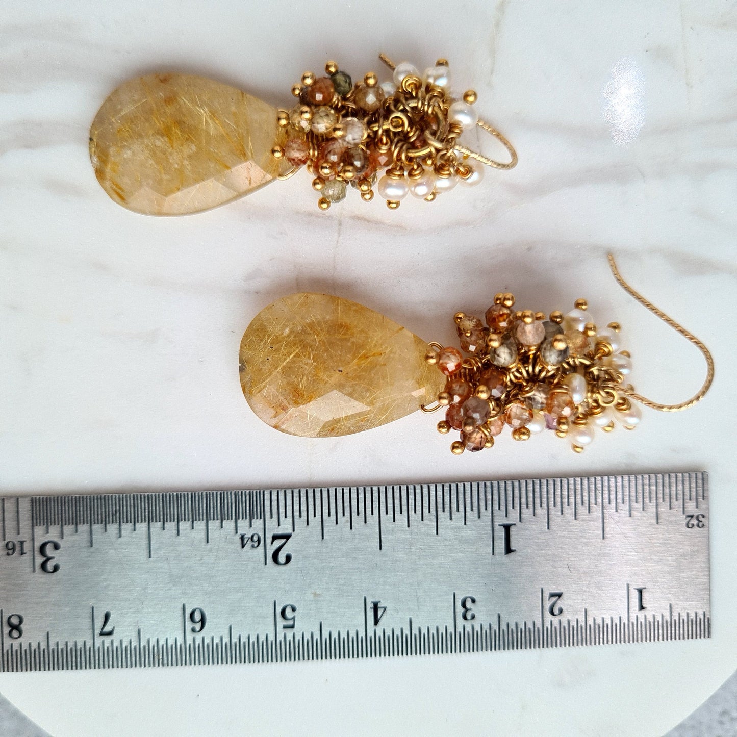 Golden Rutile with multi zircon & fresh water pearl cluster earrings