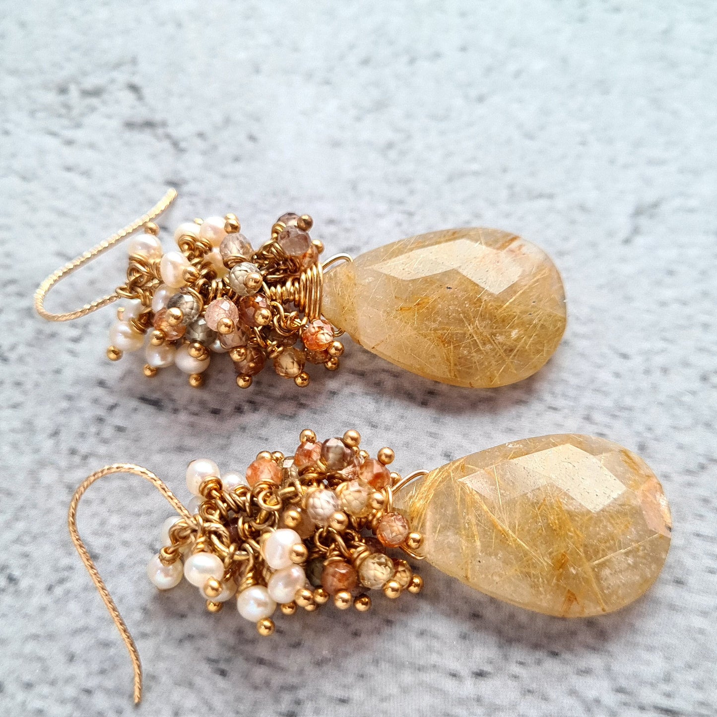 Golden Rutile with multi zircon & fresh water pearl cluster earrings