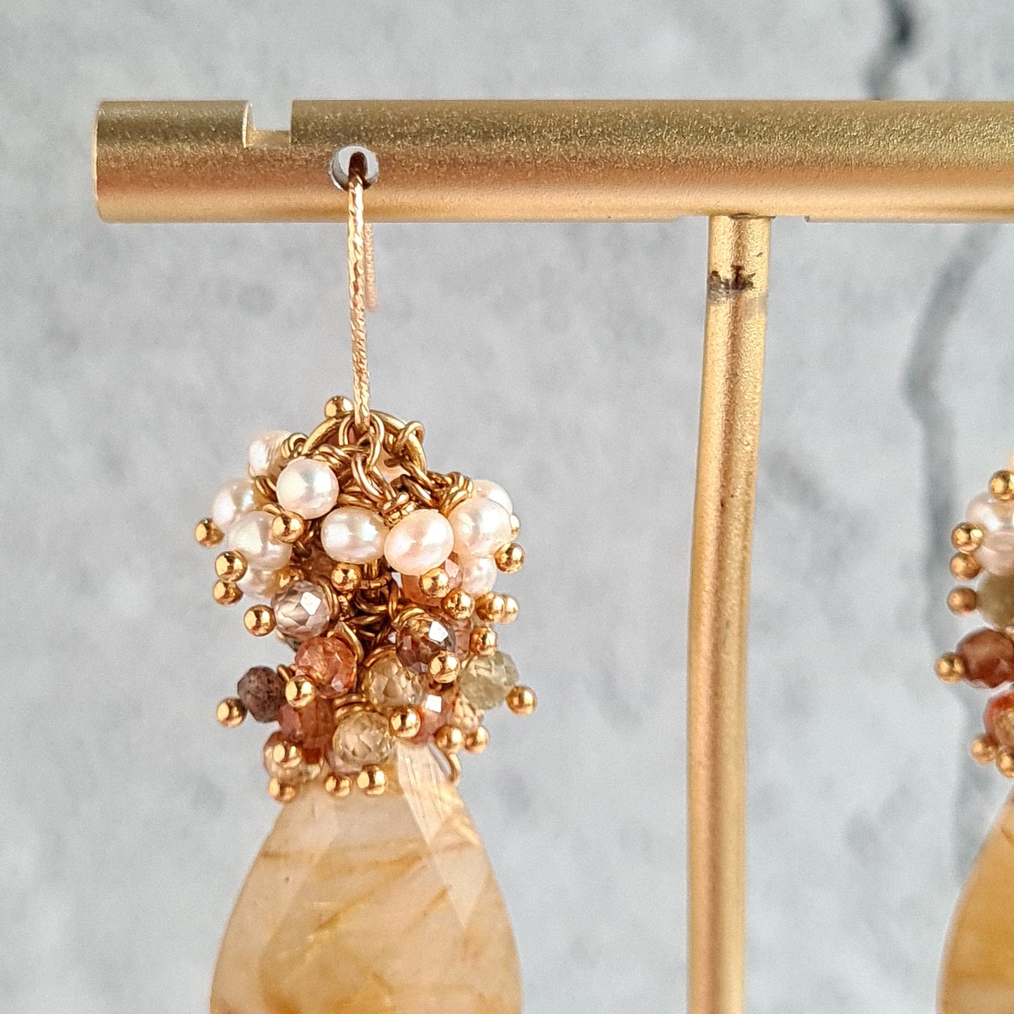 Golden Rutile with multi zircon & fresh water pearl cluster earrings