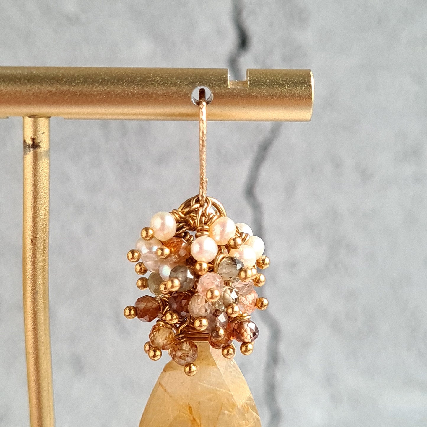 Golden Rutile with multi zircon & fresh water pearl cluster earrings