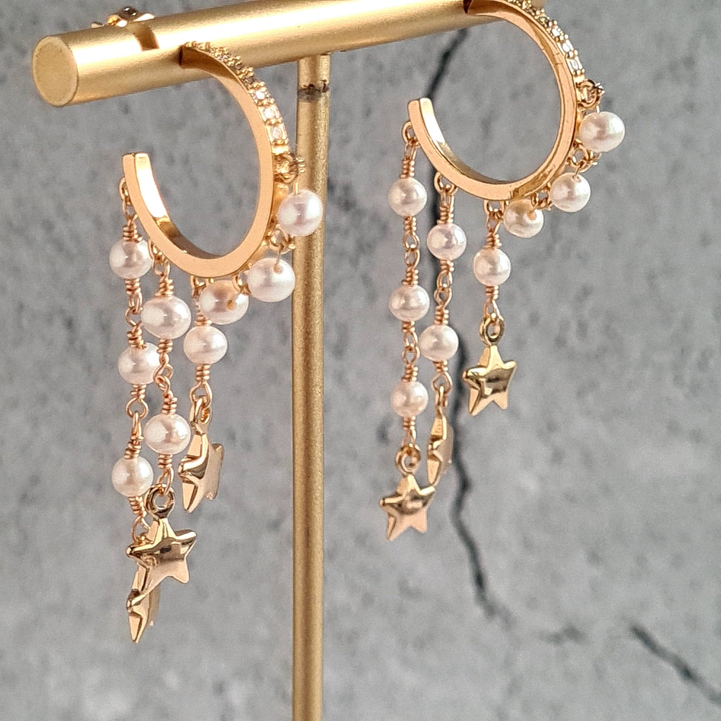 Fresh Water Pearl Half Hoop with Fresh Water Pearl and Star Charm Tassel