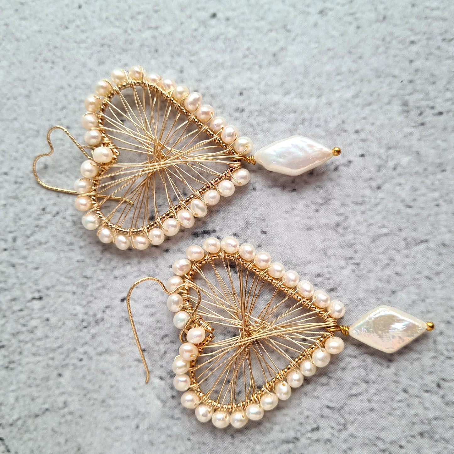 Heart Maze Frame embellished with fresh water pearl, with a diamond fresh water pearl drop, hung on a heart shape ear wire