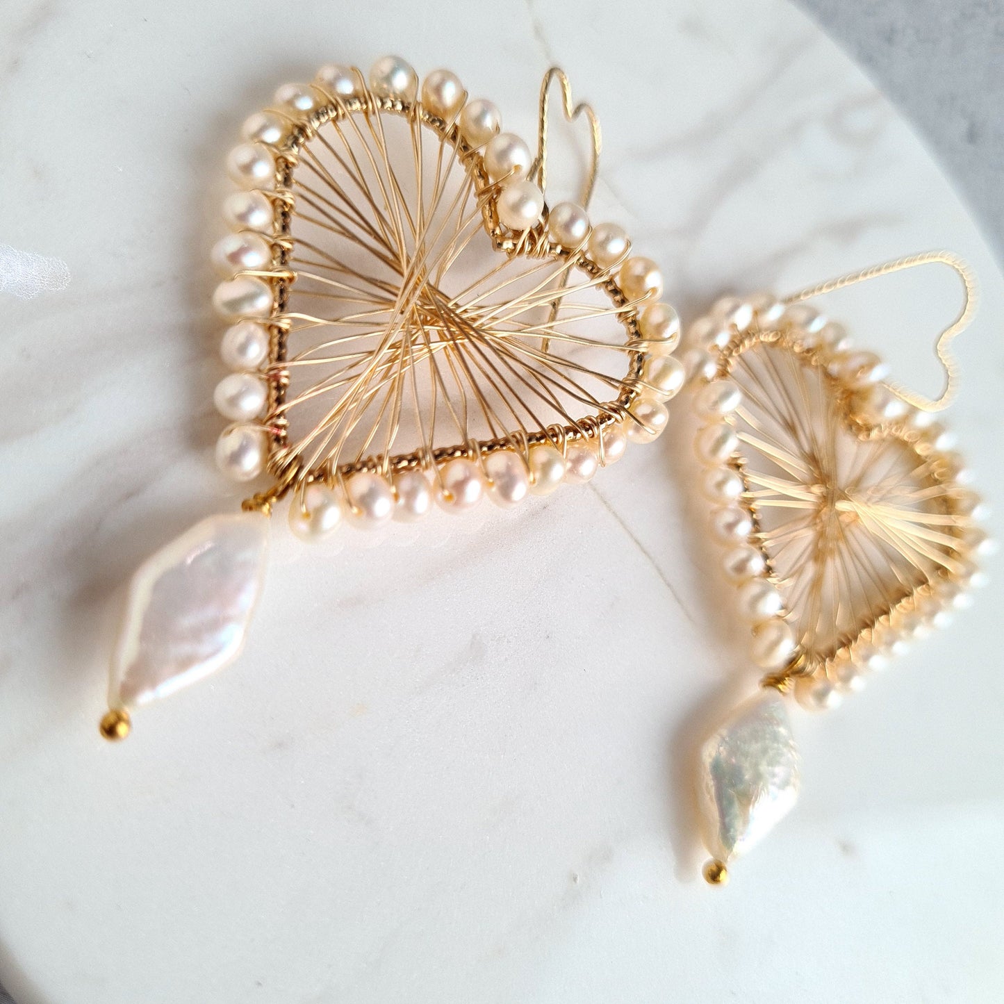 Heart Maze Frame embellished with fresh water pearl, with a diamond fresh water pearl drop, hung on a heart shape ear wire