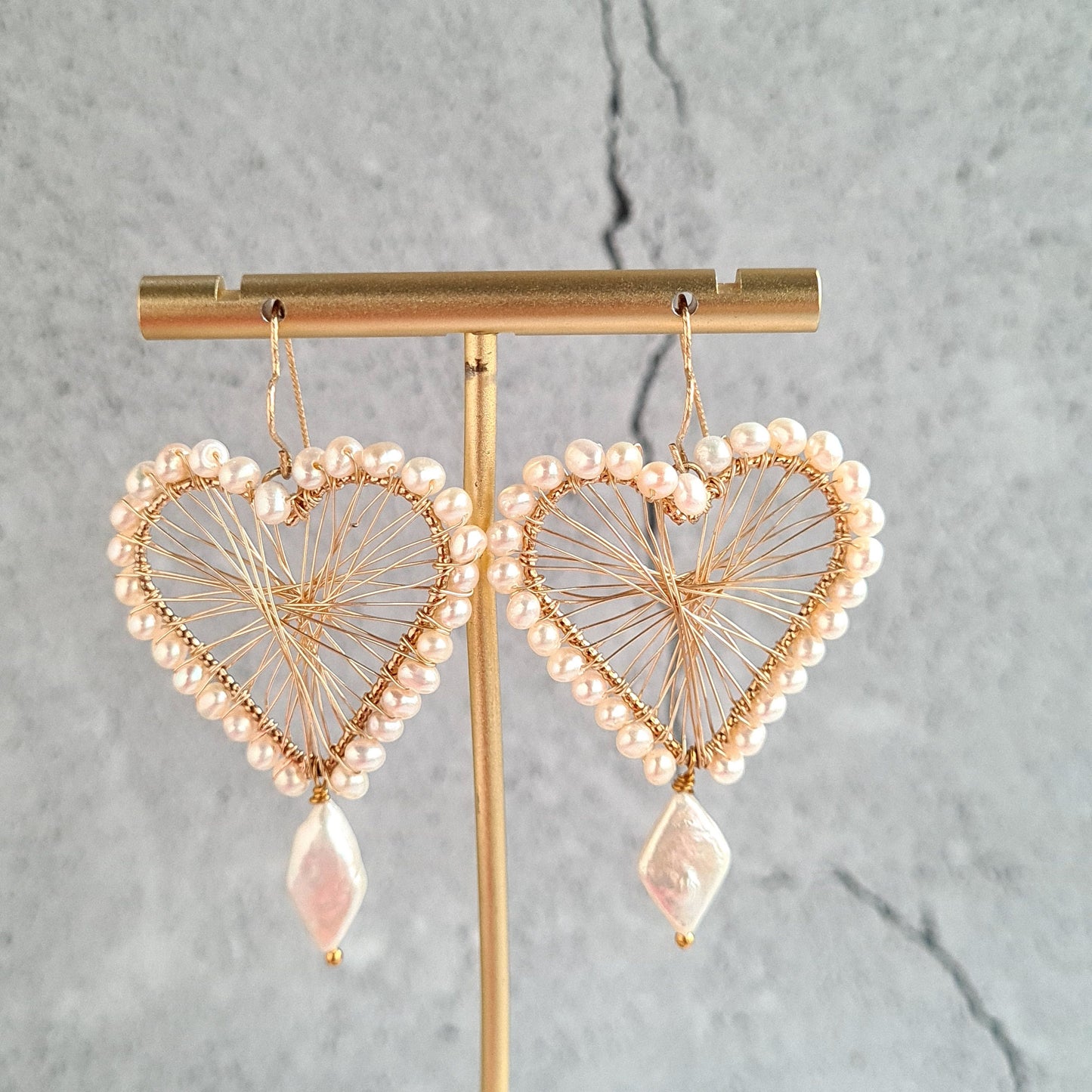 Heart Maze Frame embellished with fresh water pearl, with a diamond fresh water pearl drop, hung on a heart shape ear wire