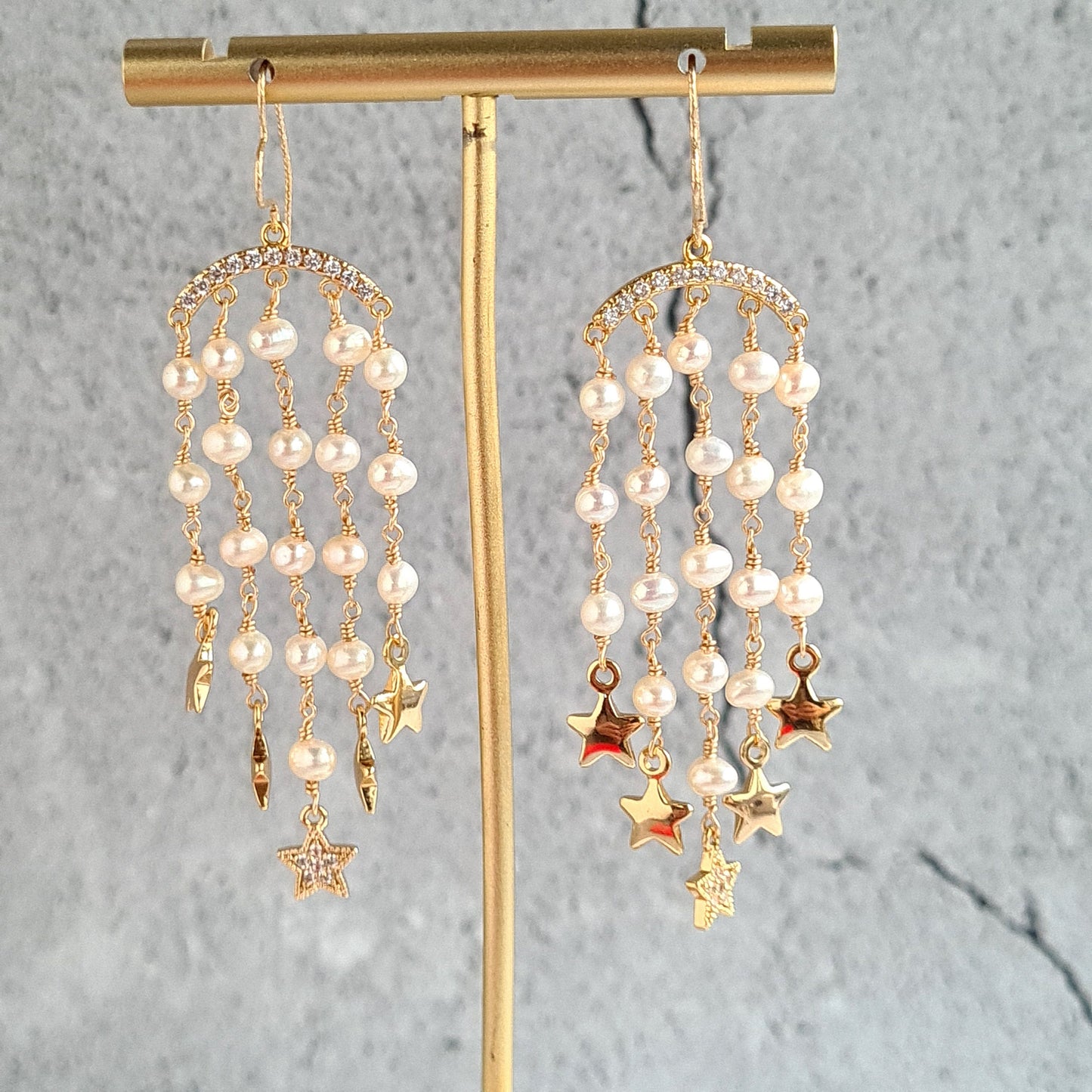 Fresh Water Pearl with Fresh Water Pearl and Star Charm Tassel Earrings