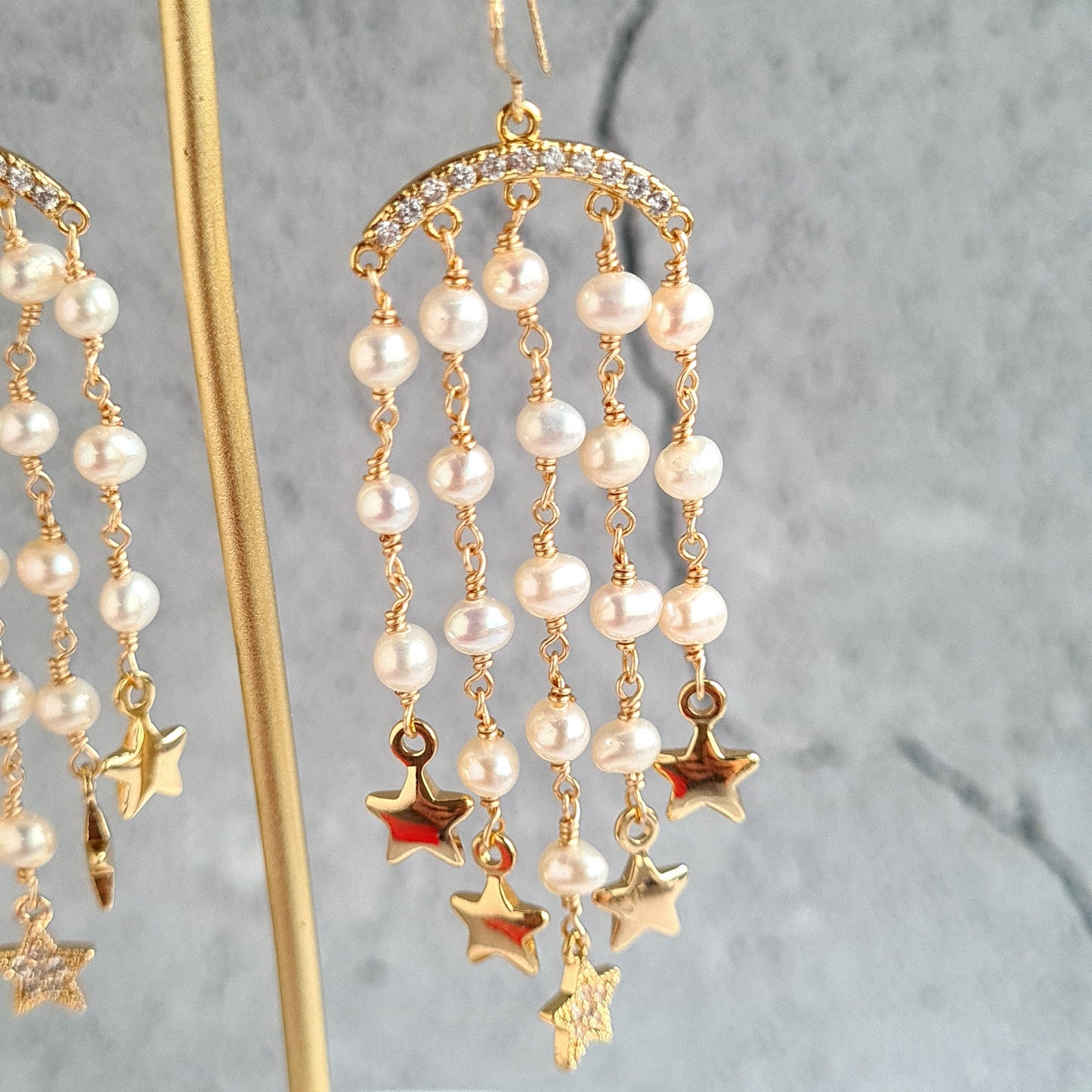 Fresh Water Pearl with Fresh Water Pearl and Star Charm Tassel Earrings