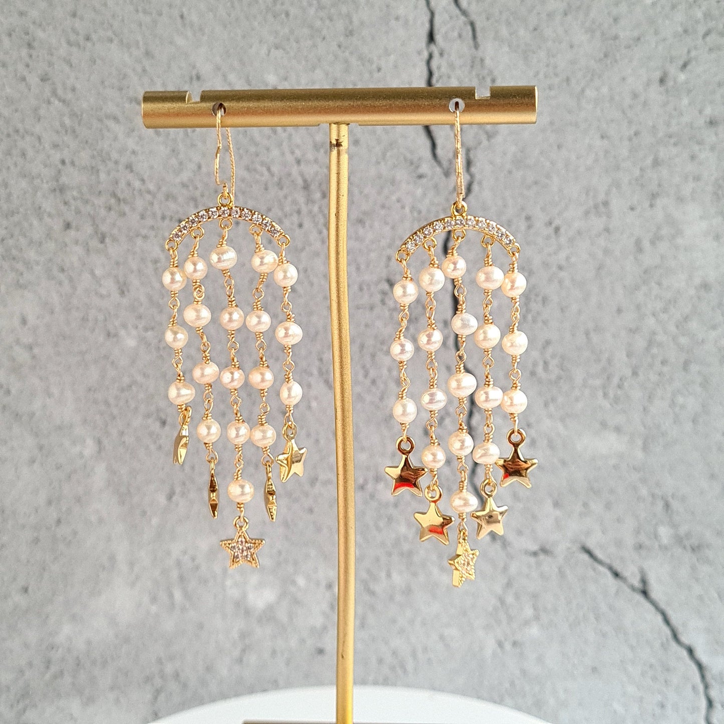 Fresh Water Pearl with Fresh Water Pearl and Star Charm Tassel Earrings
