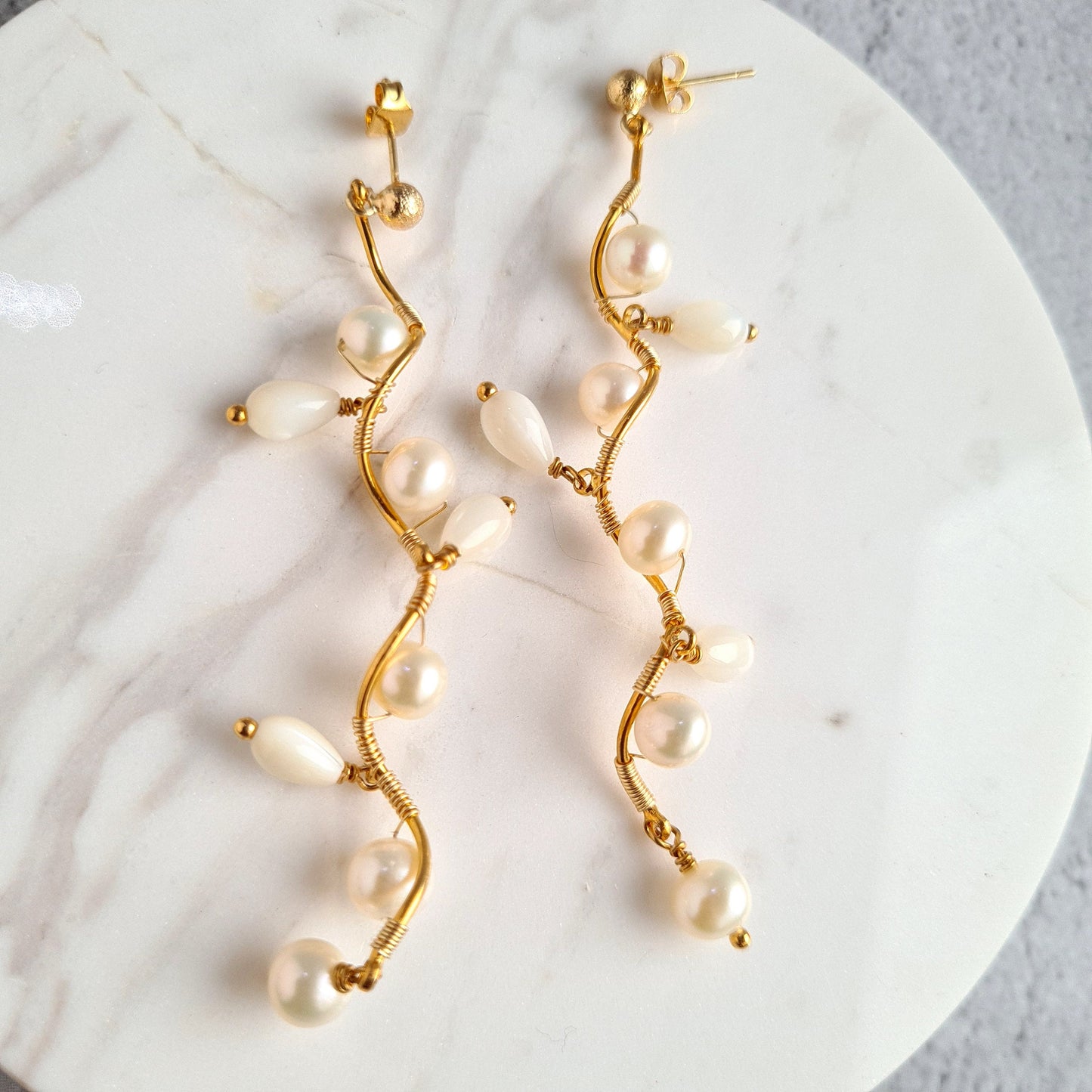 Fresh Water Pearl with Mother of Pearl Tear Drop Vine Earrings