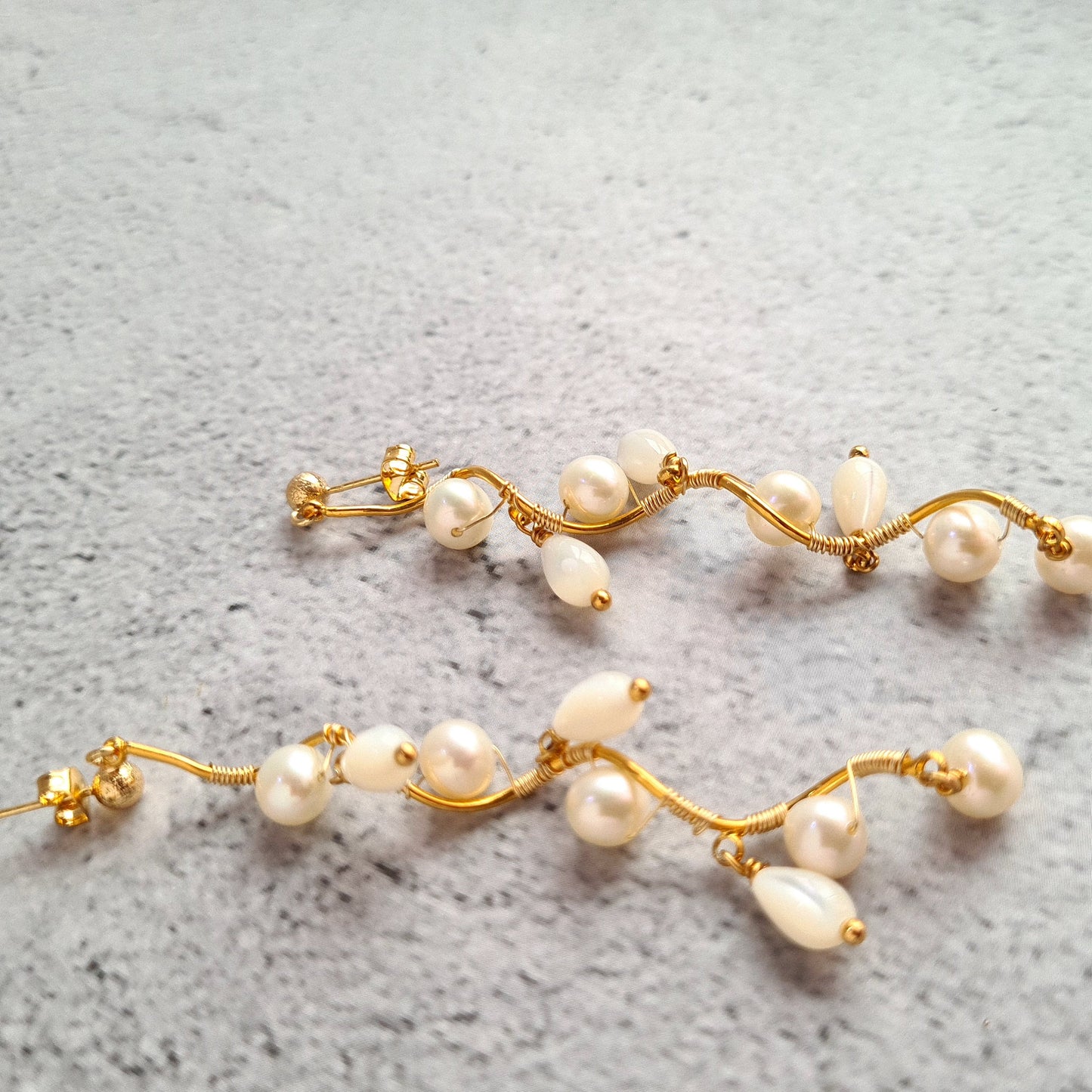 Fresh Water Pearl with Mother of Pearl Tear Drop Vine Earrings