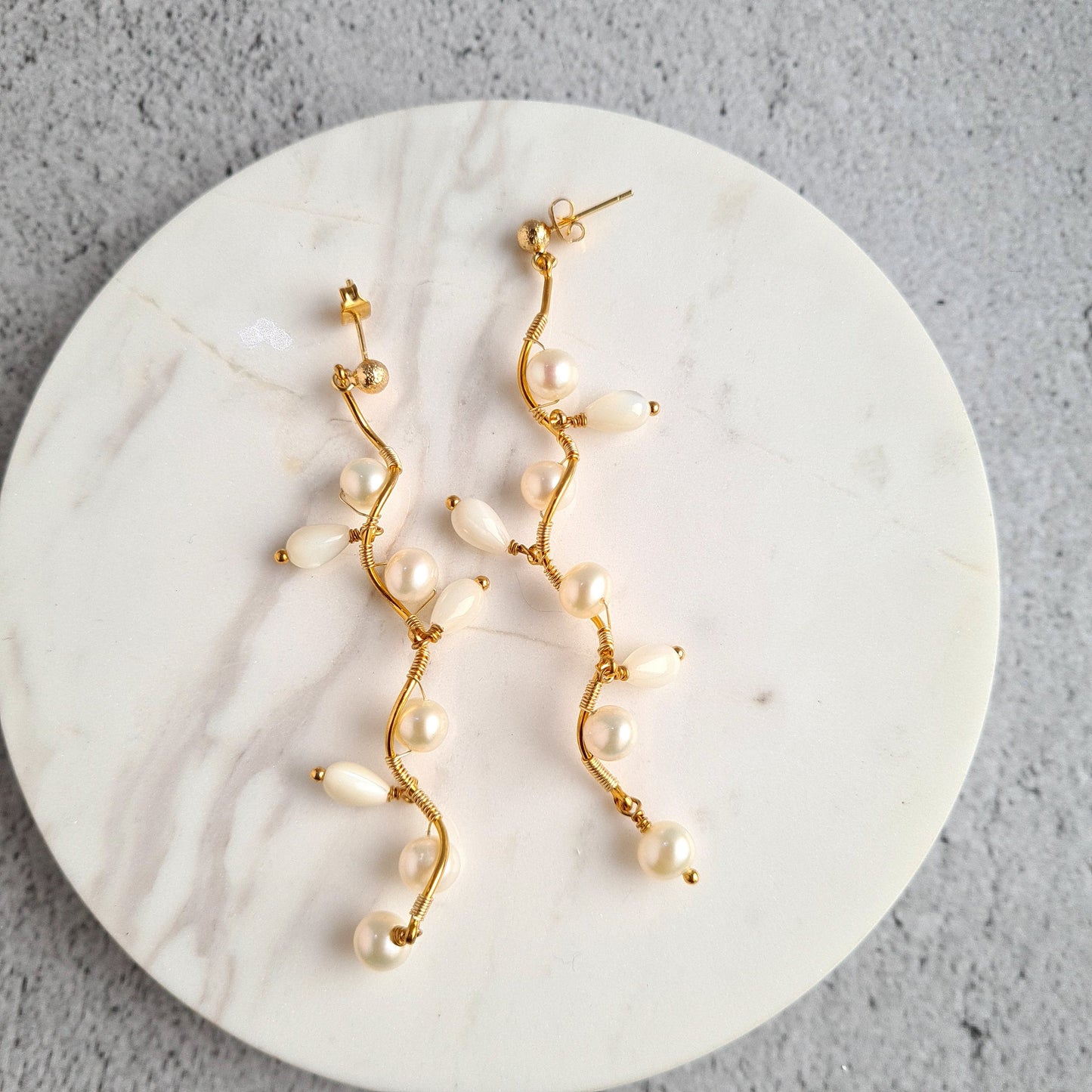 Fresh Water Pearl with Mother of Pearl Tear Drop Vine Earrings
