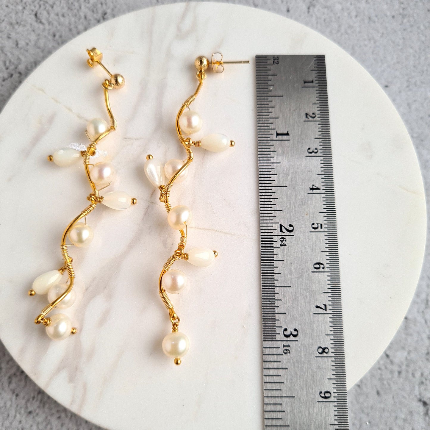 Fresh Water Pearl with Mother of Pearl Tear Drop Vine Earrings