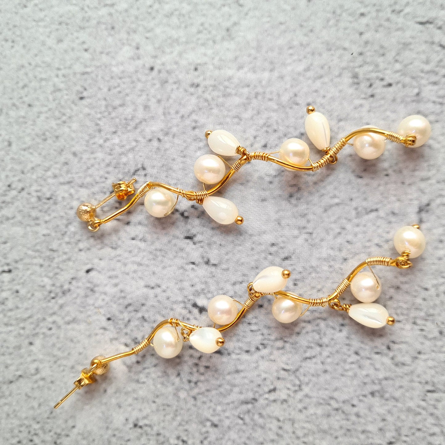 Fresh Water Pearl with Mother of Pearl Tear Drop Vine Earrings