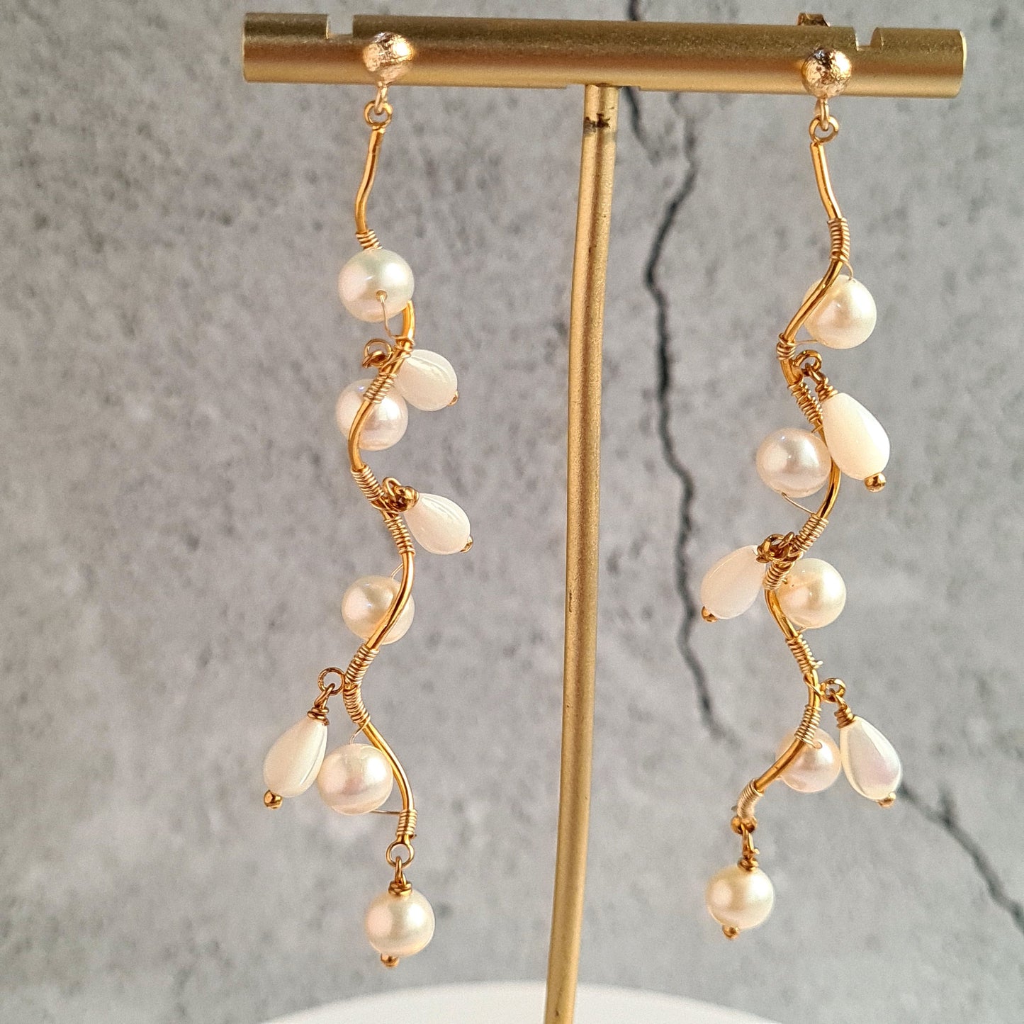 Fresh Water Pearl with Mother of Pearl Tear Drop Vine Earrings