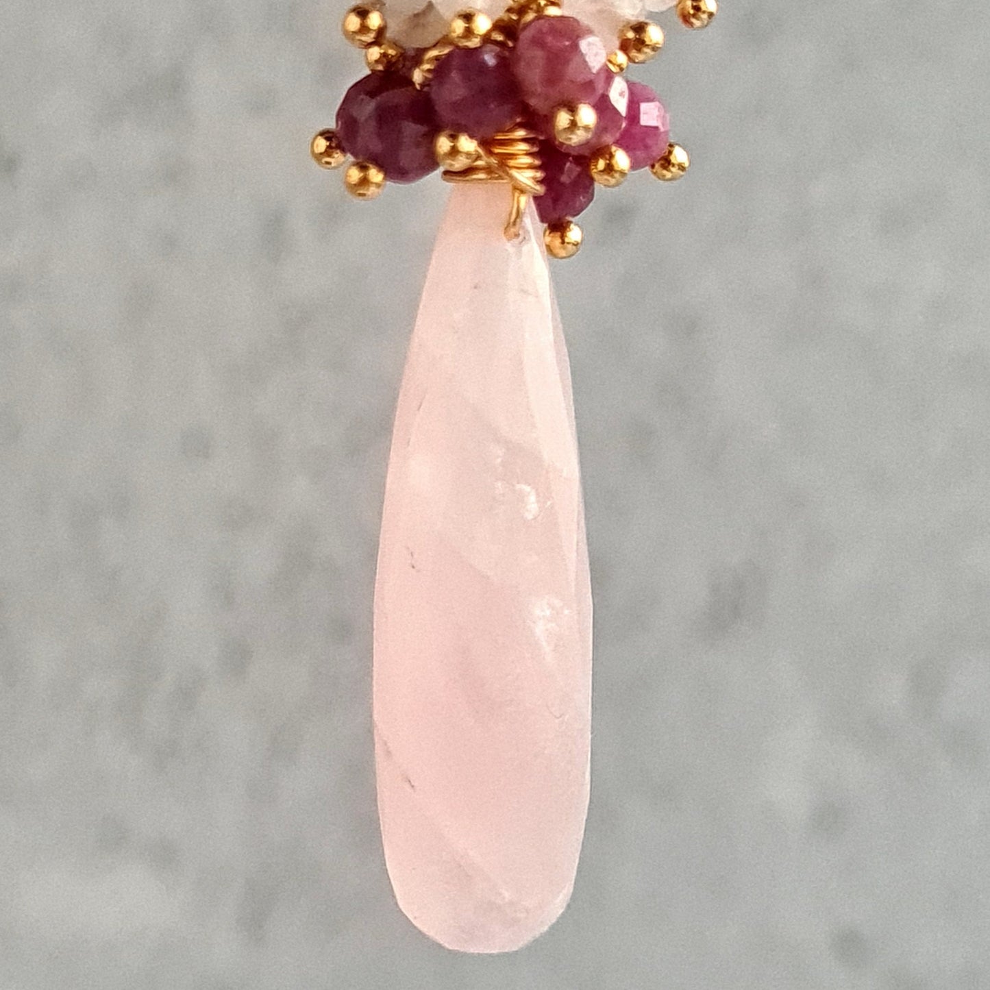 Rose Quartz Faceted Drops with Sri Lankan Ruby and Rose Quartz Round Cluster Gemstone Earrings