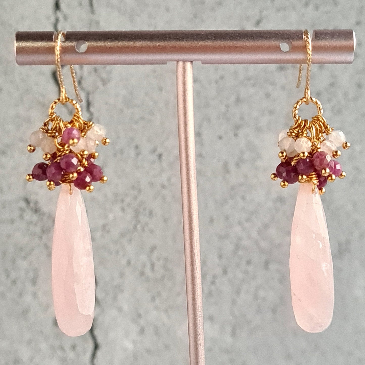 Rose Quartz Faceted Drops with Sri Lankan Ruby and Rose Quartz Round Cluster Gemstone Earrings