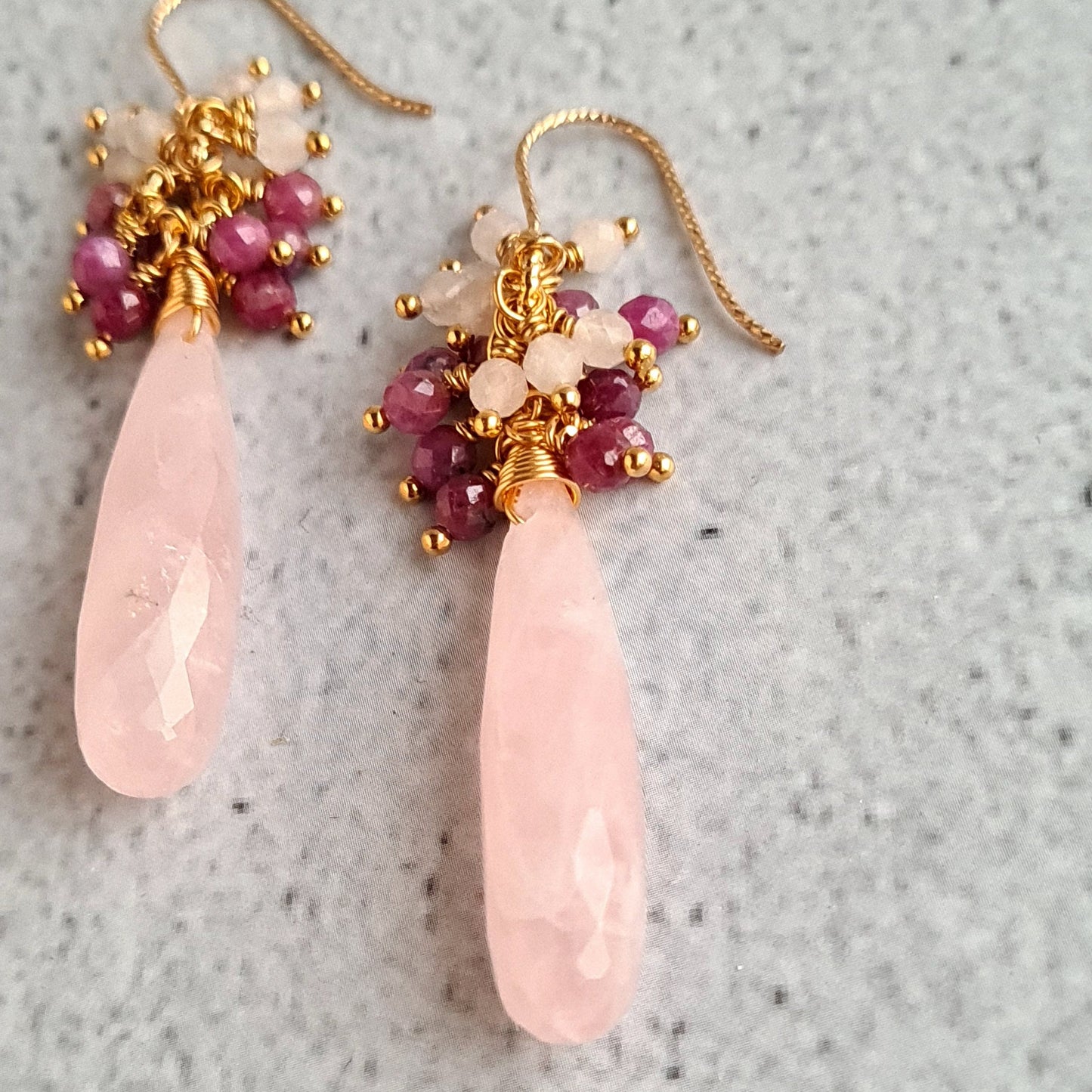 Rose Quartz Faceted Drops with Sri Lankan Ruby and Rose Quartz Round Cluster Gemstone Earrings