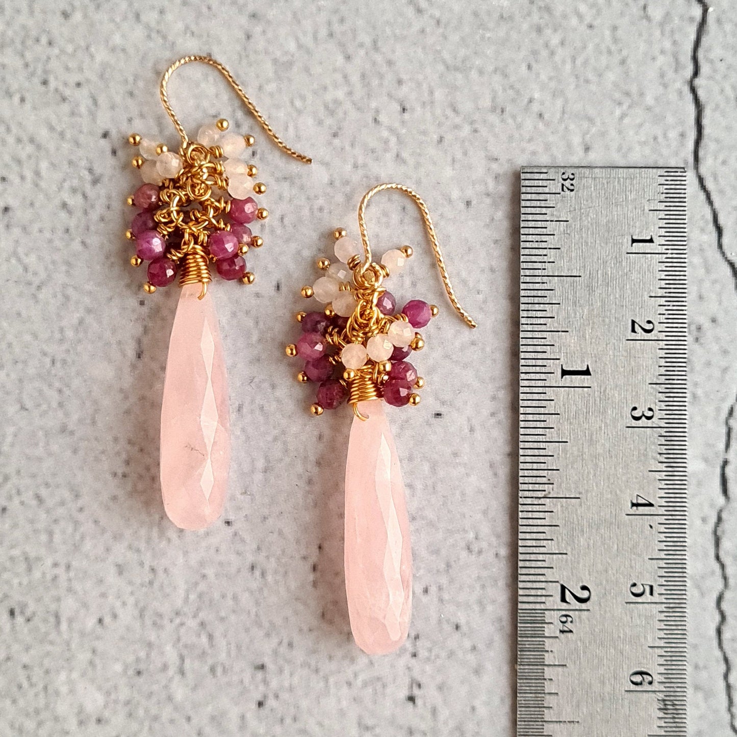 Rose Quartz Faceted Drops with Sri Lankan Ruby and Rose Quartz Round Cluster Gemstone Earrings