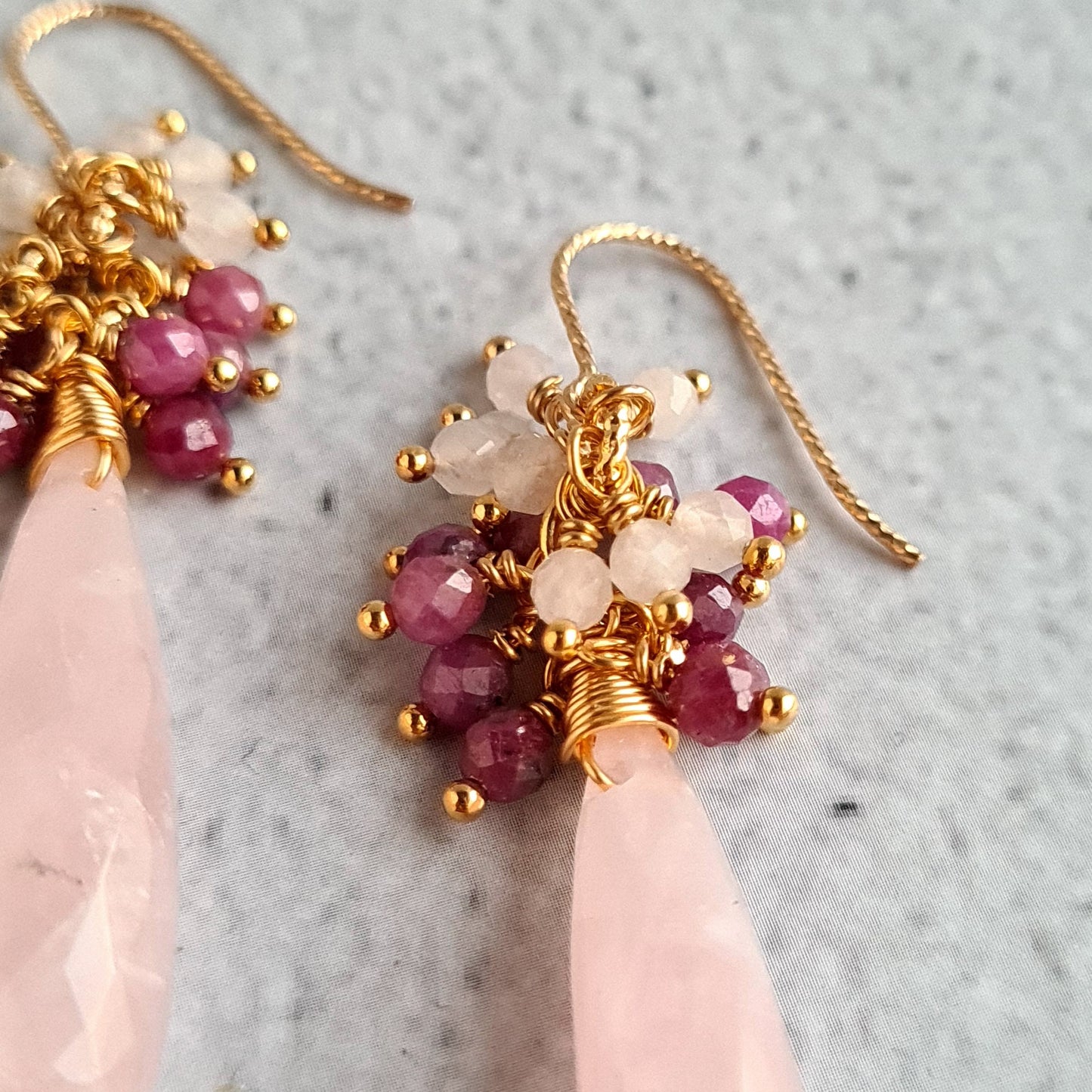 Rose Quartz Faceted Drops with Sri Lankan Ruby and Rose Quartz Round Cluster Gemstone Earrings