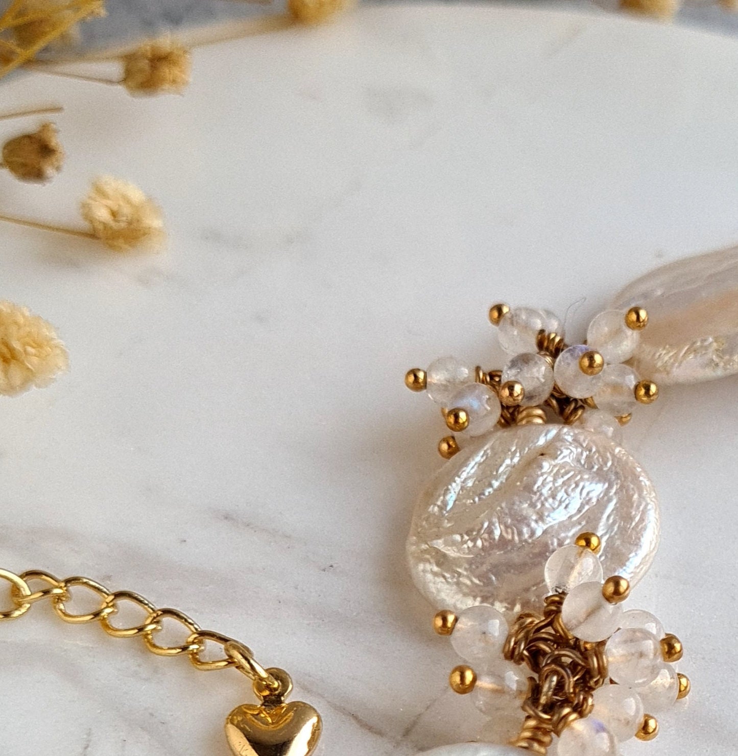Fresh Water Coin Pearl with moonstone Cluster Bracelet
