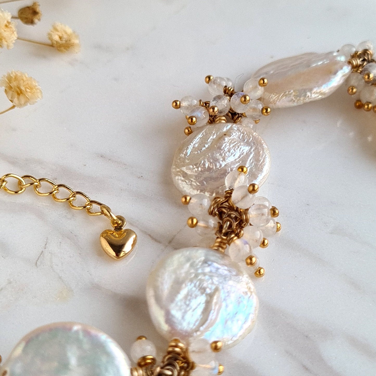 Fresh Water Coin Pearl with moonstone Cluster Bracelet