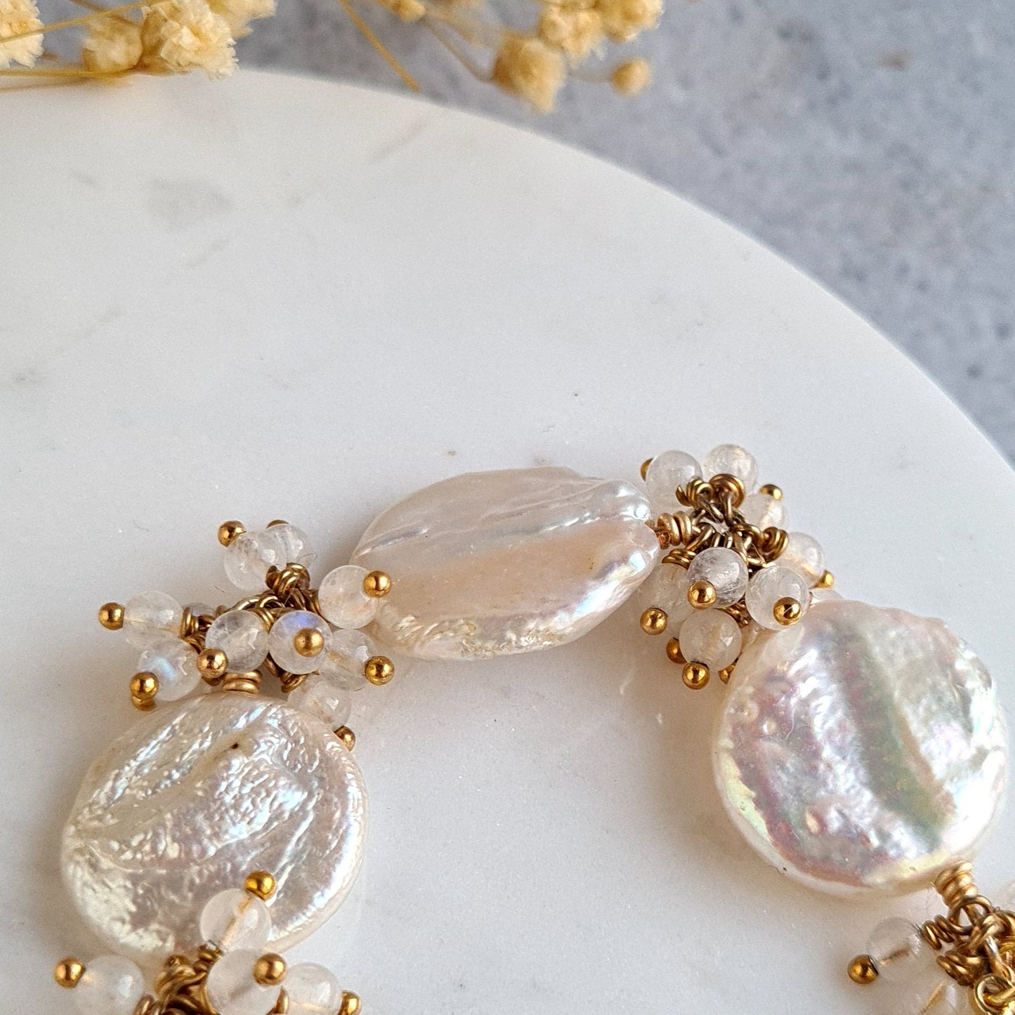 Fresh Water Coin Pearl with moonstone Cluster Bracelet