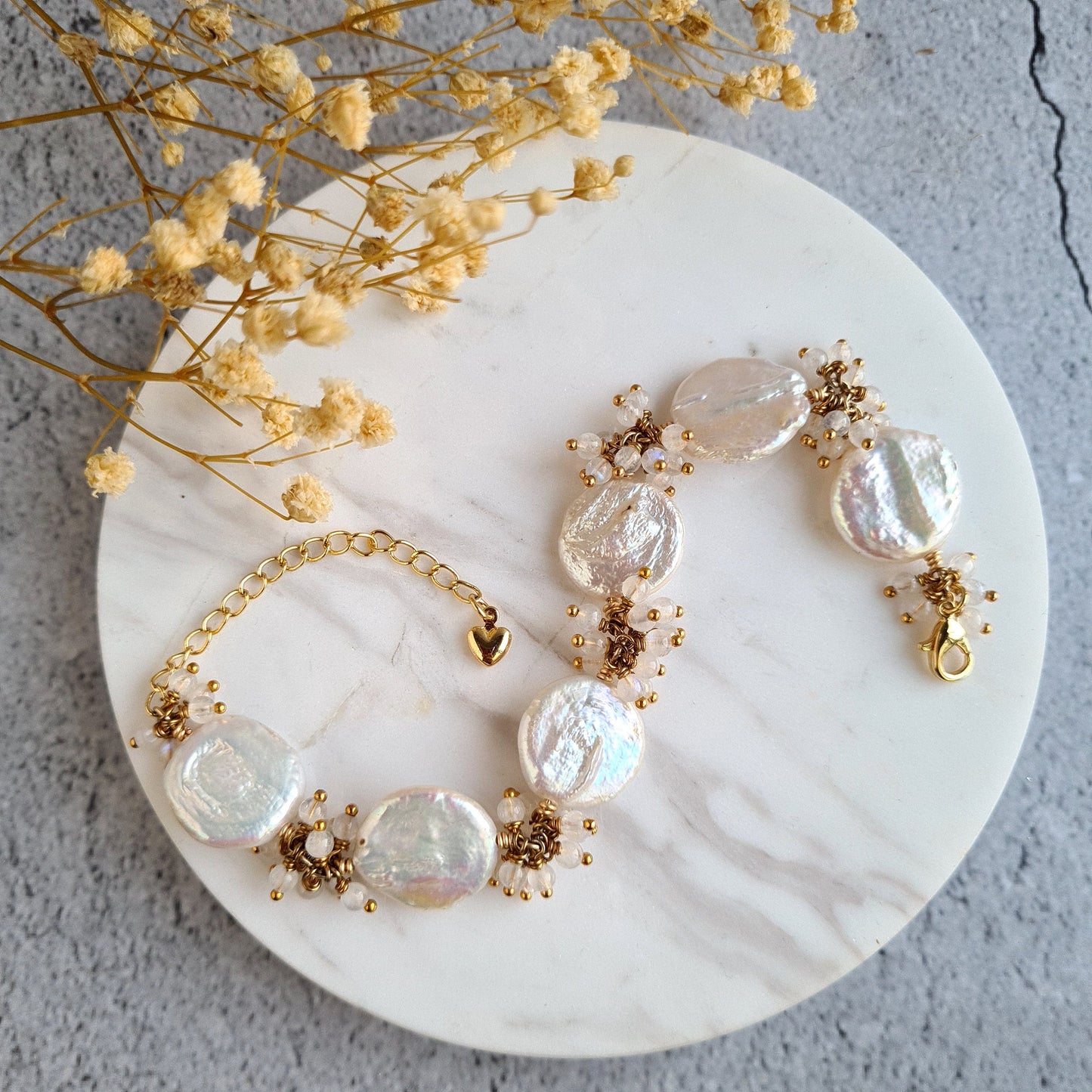 Fresh Water Coin Pearl with moonstone Cluster Bracelet