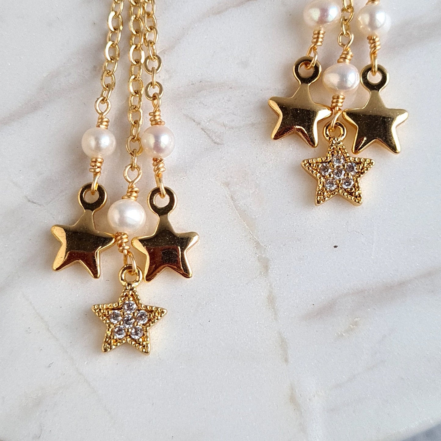Star wrapped with fresh water pearl with star tassel Earrings