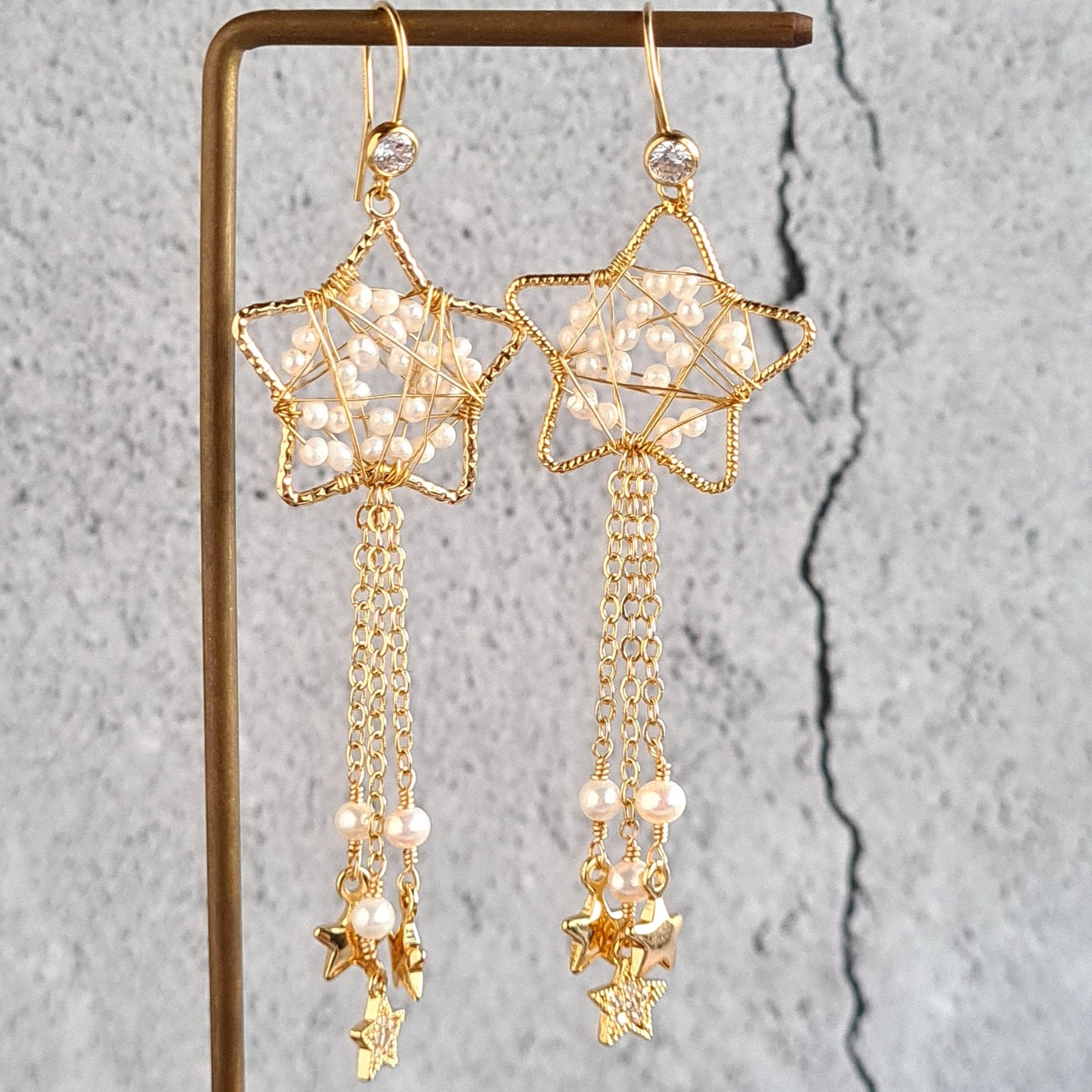 Star wrapped with fresh water pearl with star tassel Earrings