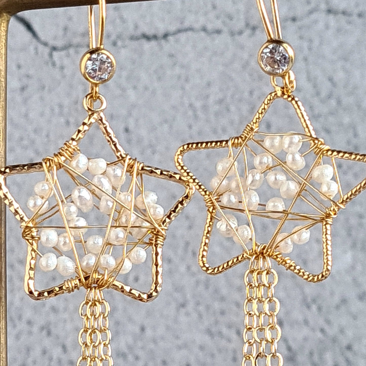 Star wrapped with fresh water pearl with star tassel Earrings