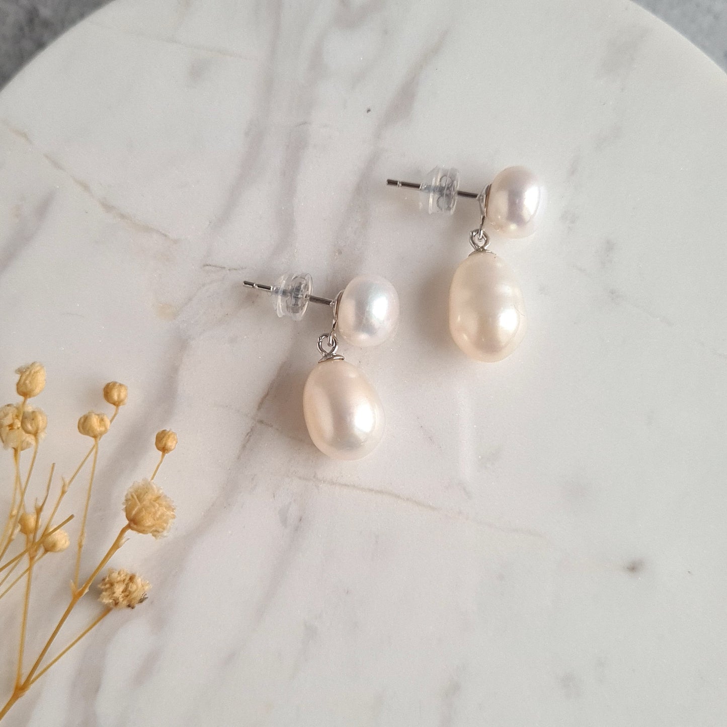 Double Fresh Water Pearl Ear Post - Silver