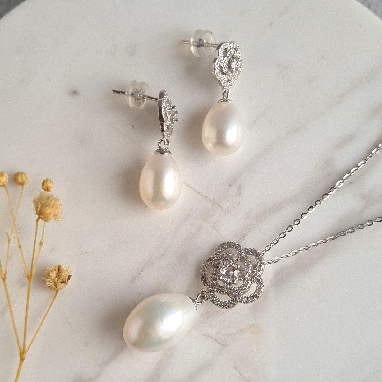 AAA Quality Oval Fresh Water Pearl with Rose design Sterling Silver Stud with Cubic Zirconia Crystal Earrings