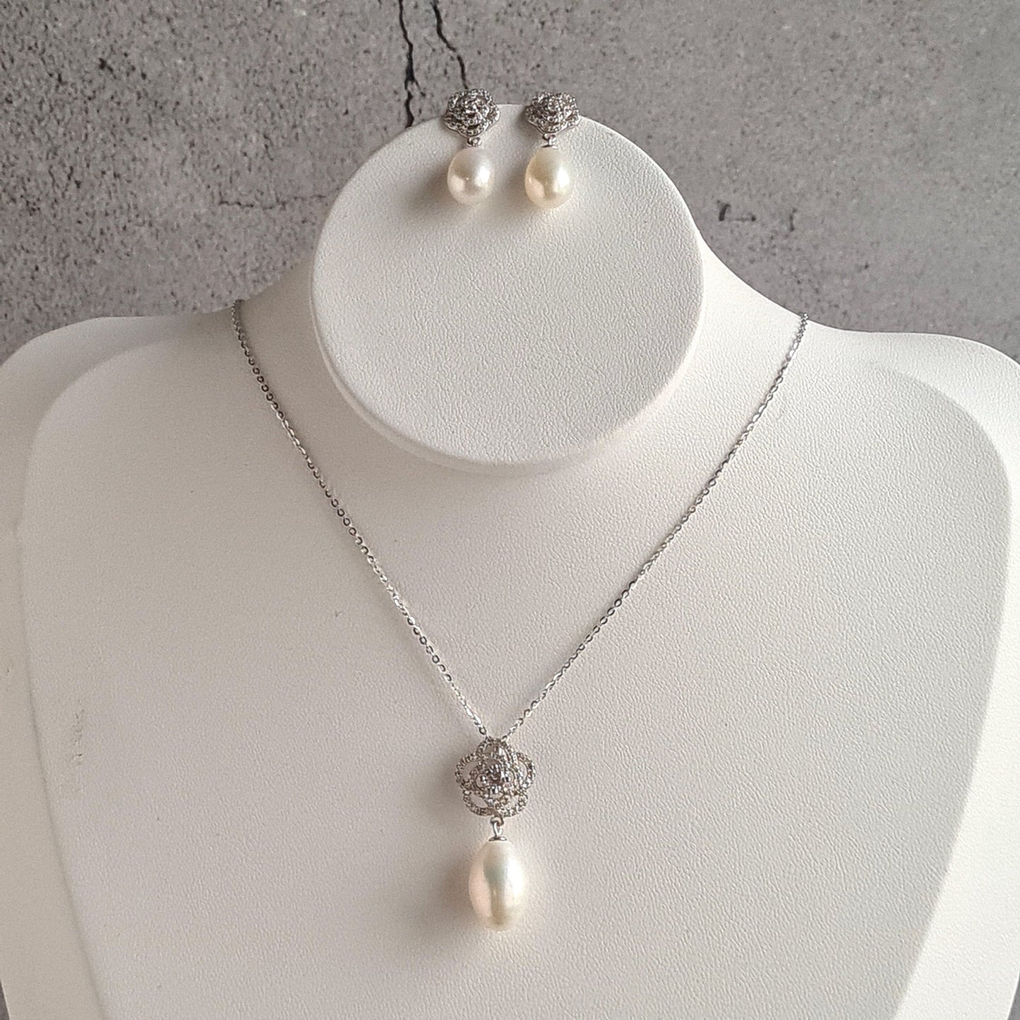 AAA Quality Oval Fresh Water Pearl with Rose design Sterling Silver Stud with Cubic Zirconia Crystal Earrings