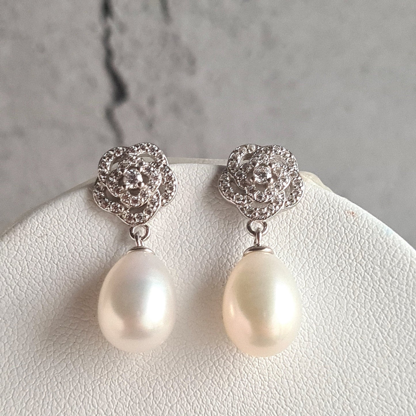AAA Quality Oval Fresh Water Pearl with Rose design Sterling Silver Stud with Cubic Zirconia Crystal Earrings