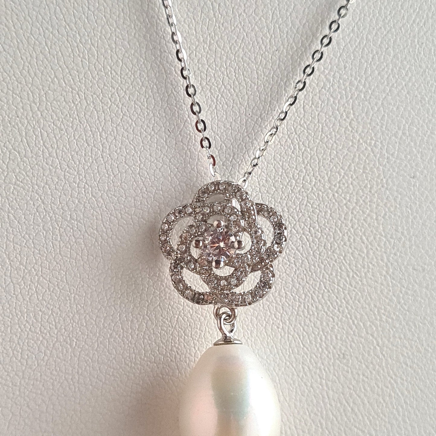 AAA Quality Oval Fresh Water Pearl with Rose design Sterling Silver Stud with Cubic Zirconia Crystal Earrings