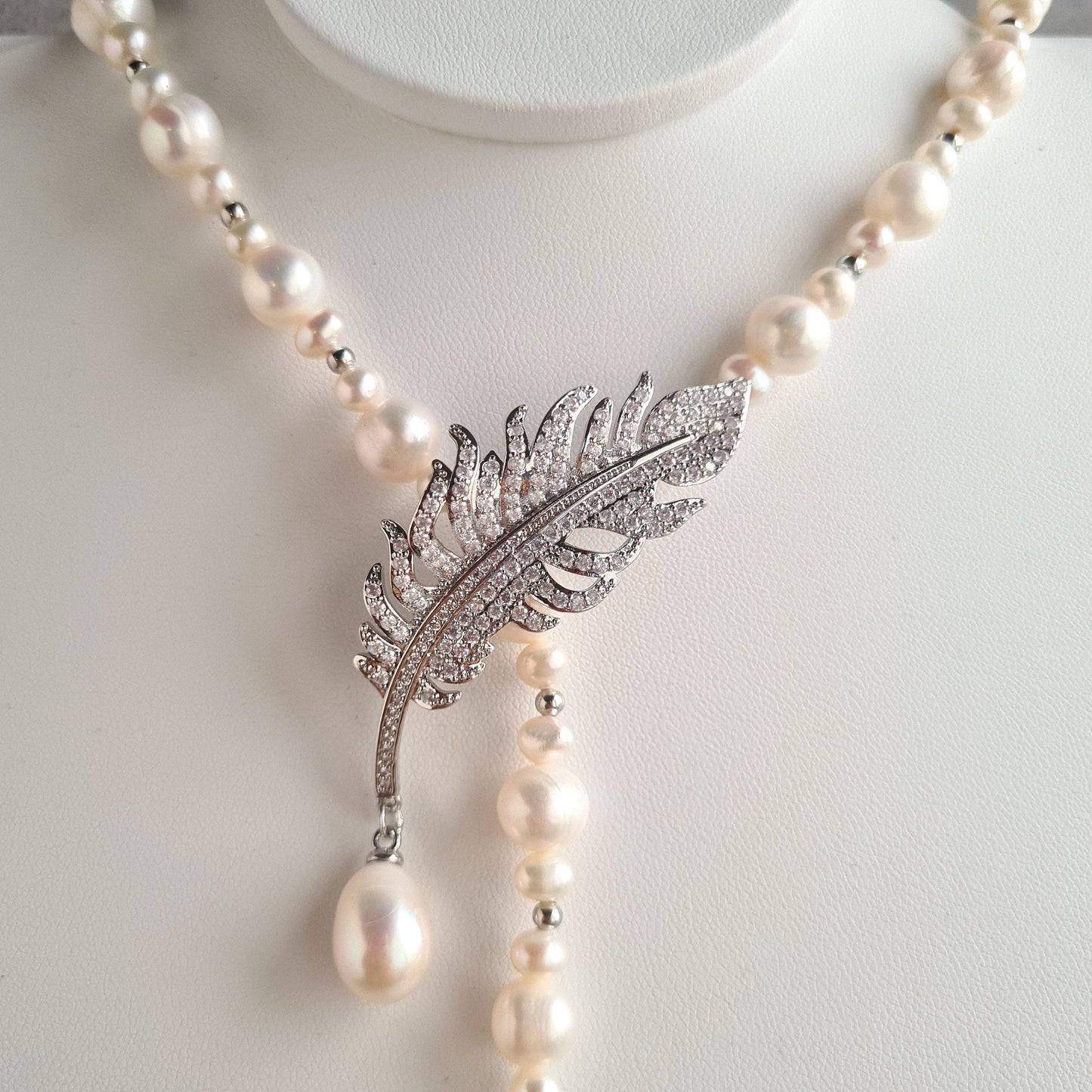 Fresh Water Pearl Lariat Necklace with feather Clasp & Feather Stud Earrings Set