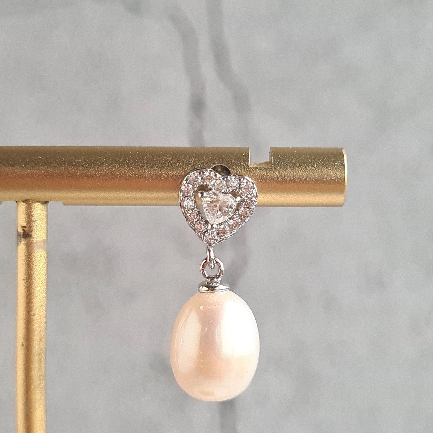 Oval Fresh Water Pearl on Sterling Silver Heart Stud