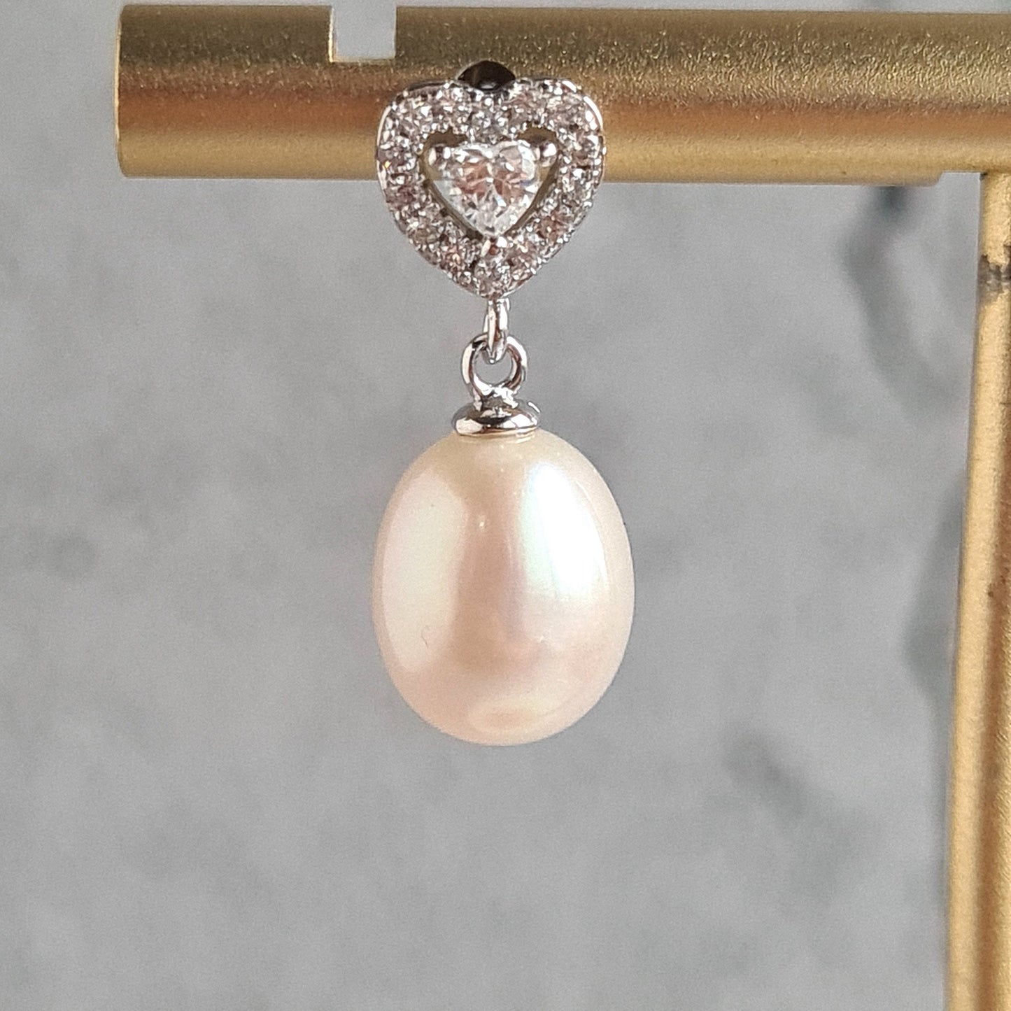 Oval Fresh Water Pearl on Sterling Silver Heart Stud