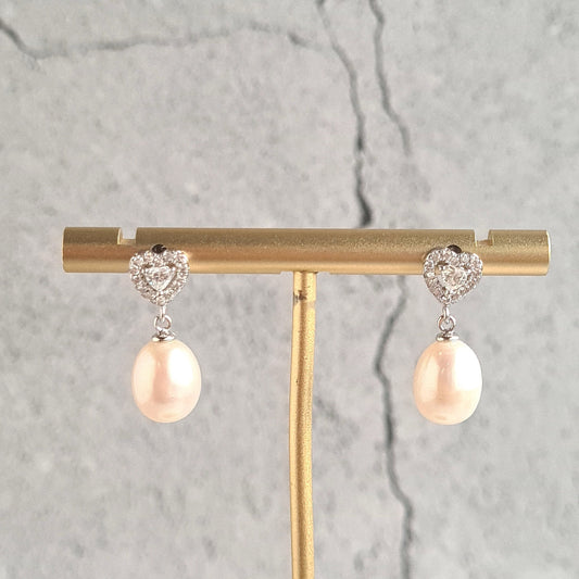 Oval Fresh Water Pearl on Sterling Silver Heart Stud