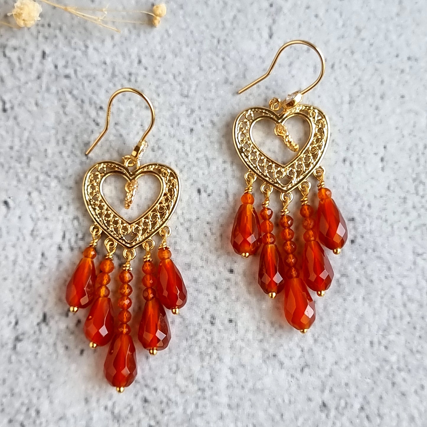 Heart Chandelier Gemstone Earrings - Carnelian