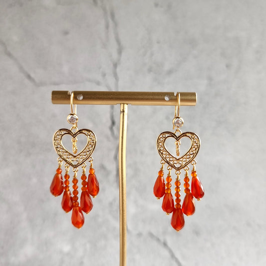 Heart Chandelier Gemstone Earrings - Carnelian