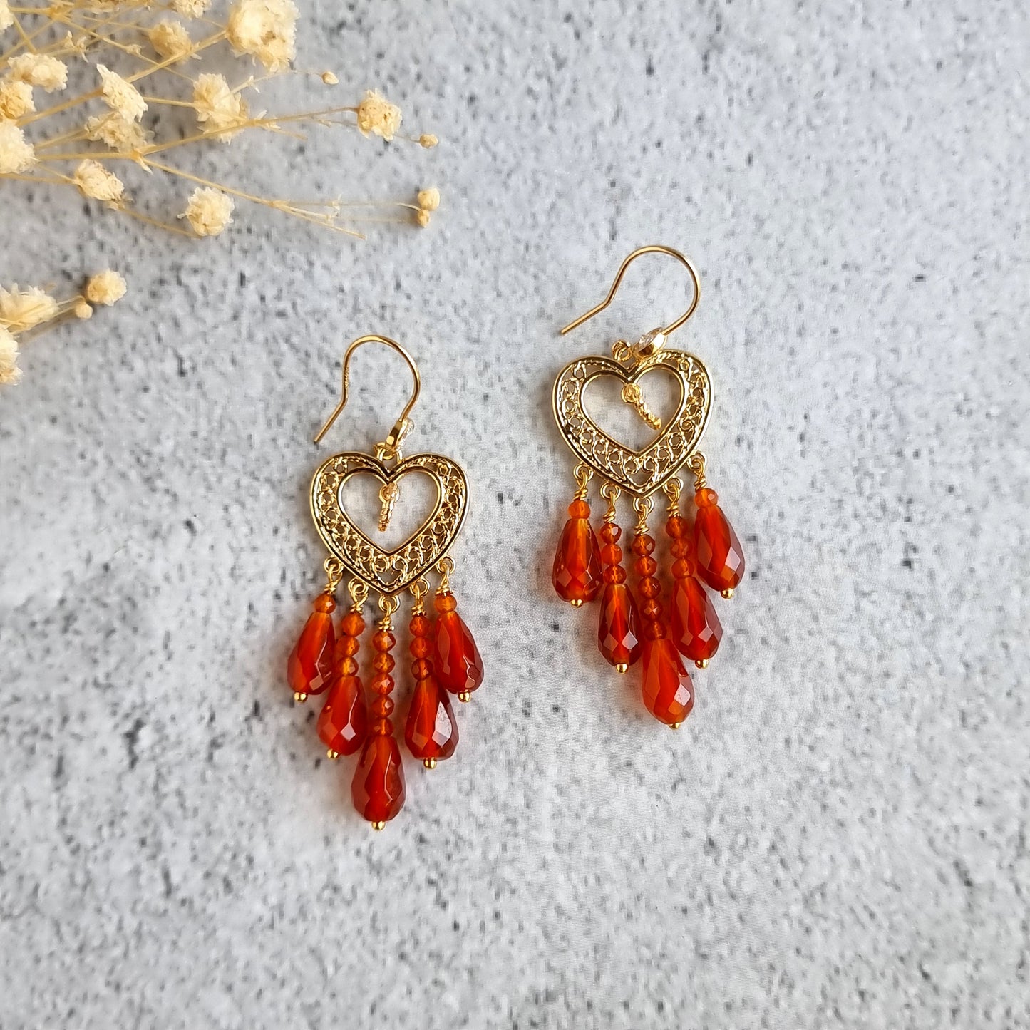 Heart Chandelier Gemstone Earrings - Carnelian